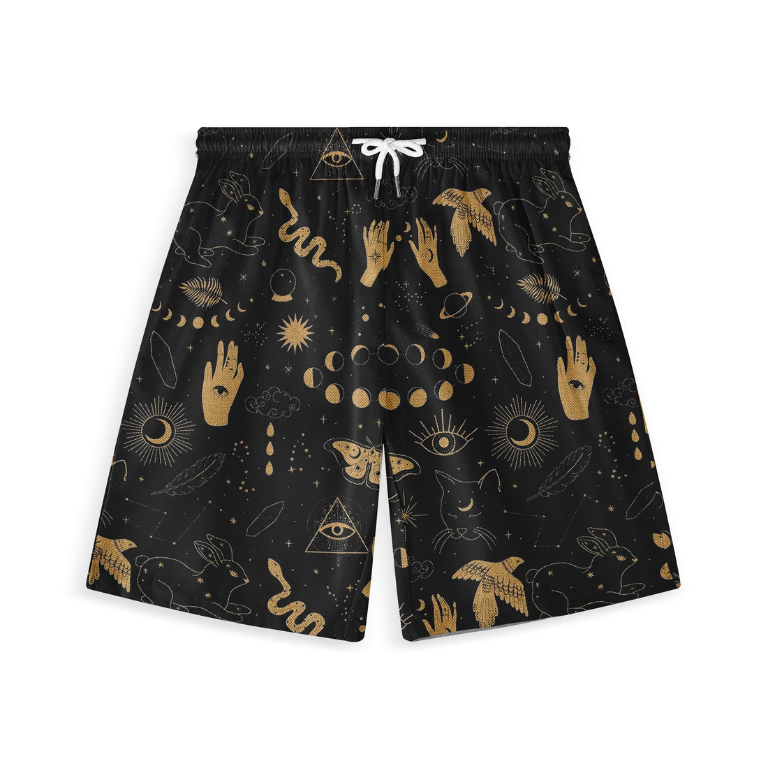 Dark blue shorts with gold mystical patterns including moons, eyes.