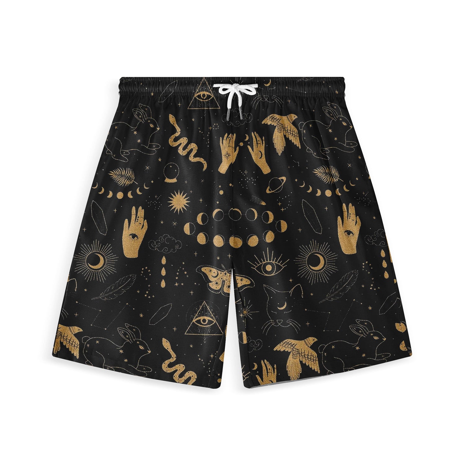 Dark blue shorts with gold mystical patterns including moons, eyes.