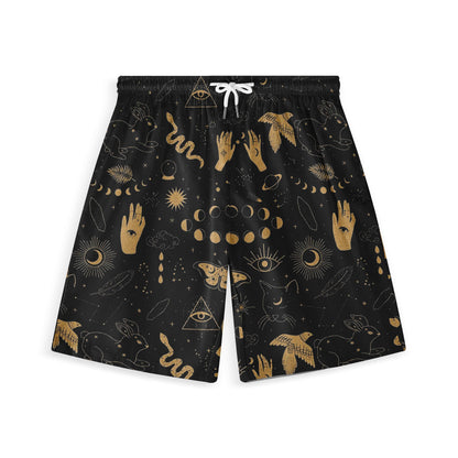Dark blue shorts with gold mystical patterns including moons, eyes.