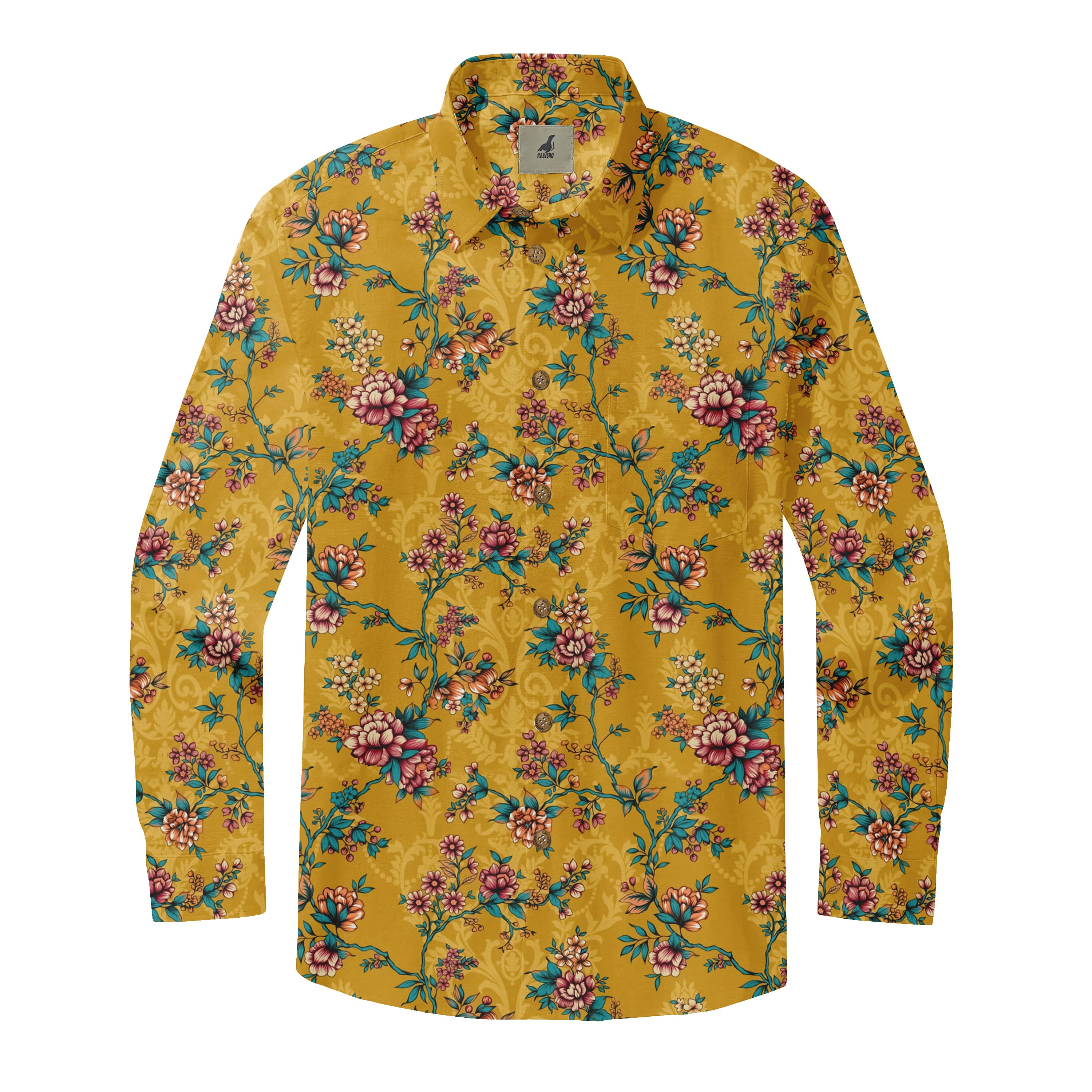 Mustard Tropical Floral Long Sleeve Hawaiian Shirt