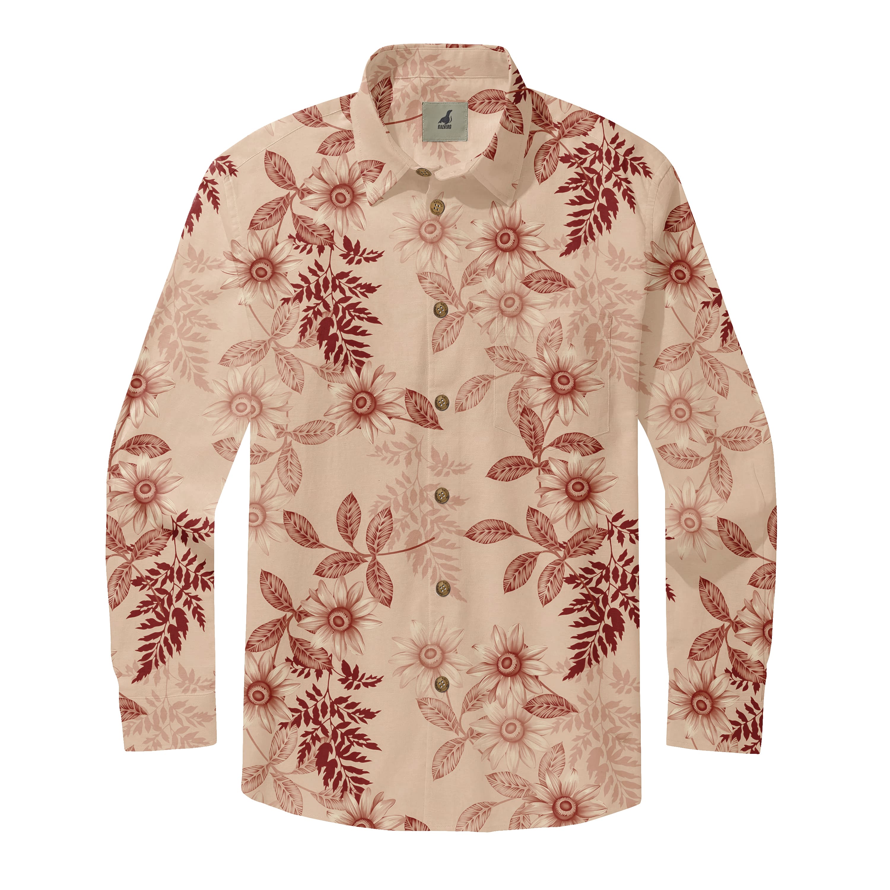 Beige Tropical Floral Long Sleeve Hawaiian Shirt