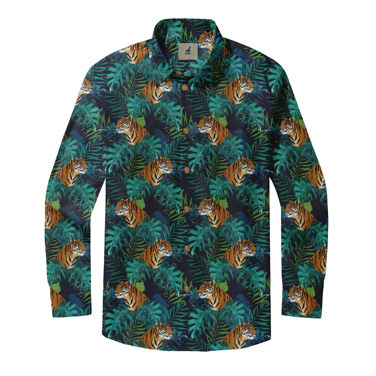 Navy Tigers &amp; Leaves Long Sleeve Hawaiian Shirt