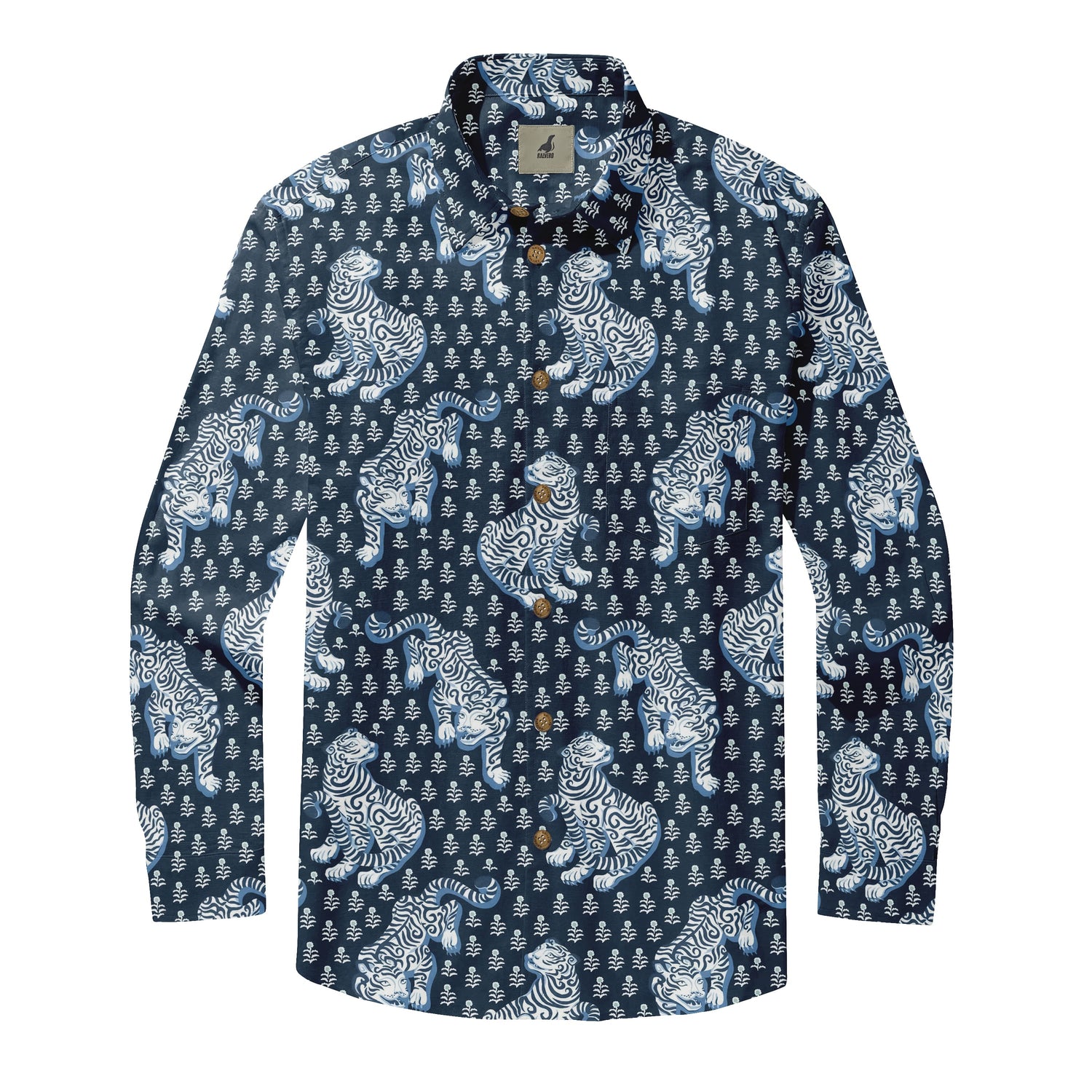 Navy White Tiger Long Sleeve Hawaiian Shirt