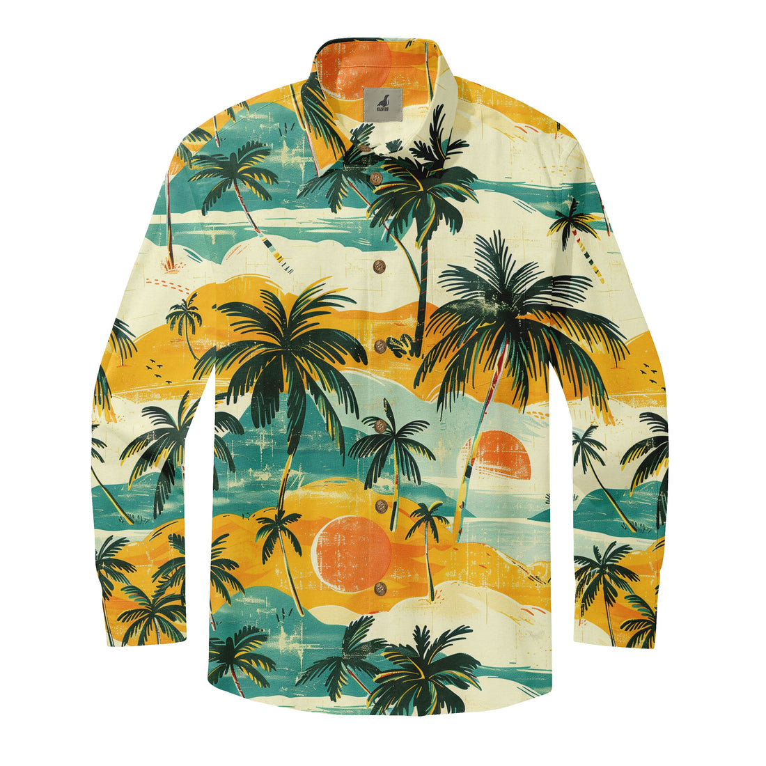 Cream Vintage Tropical Sunset Long Sleeve Hawaiian Shirt