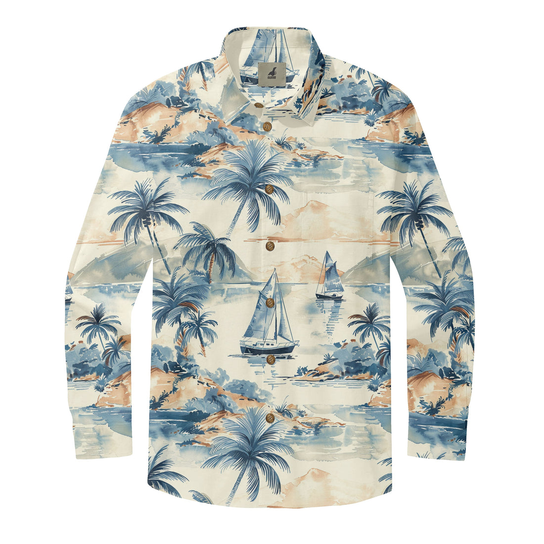 Cream Sailboats and Palms Long Sleeve Hawaiian Shirt
