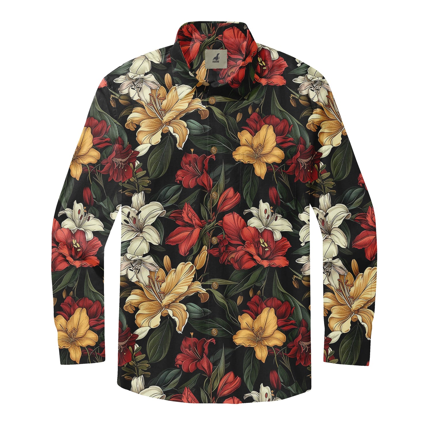 Black Vintage Botanical Lilies Long Sleeve Hawaiian Shirt