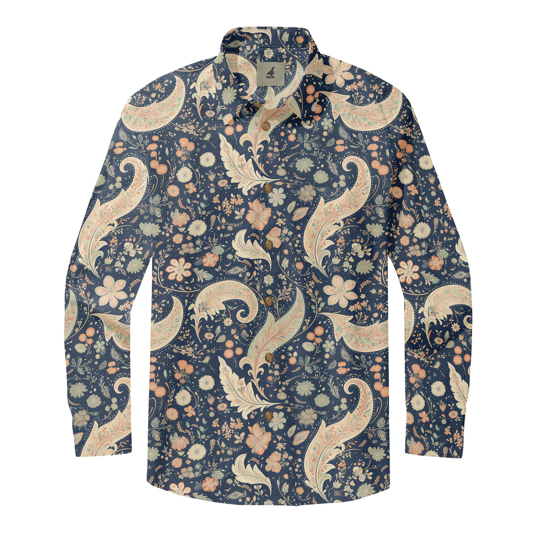 Dark Blue Vintage Paisley and Floral Long Sleeve Hawaiian...