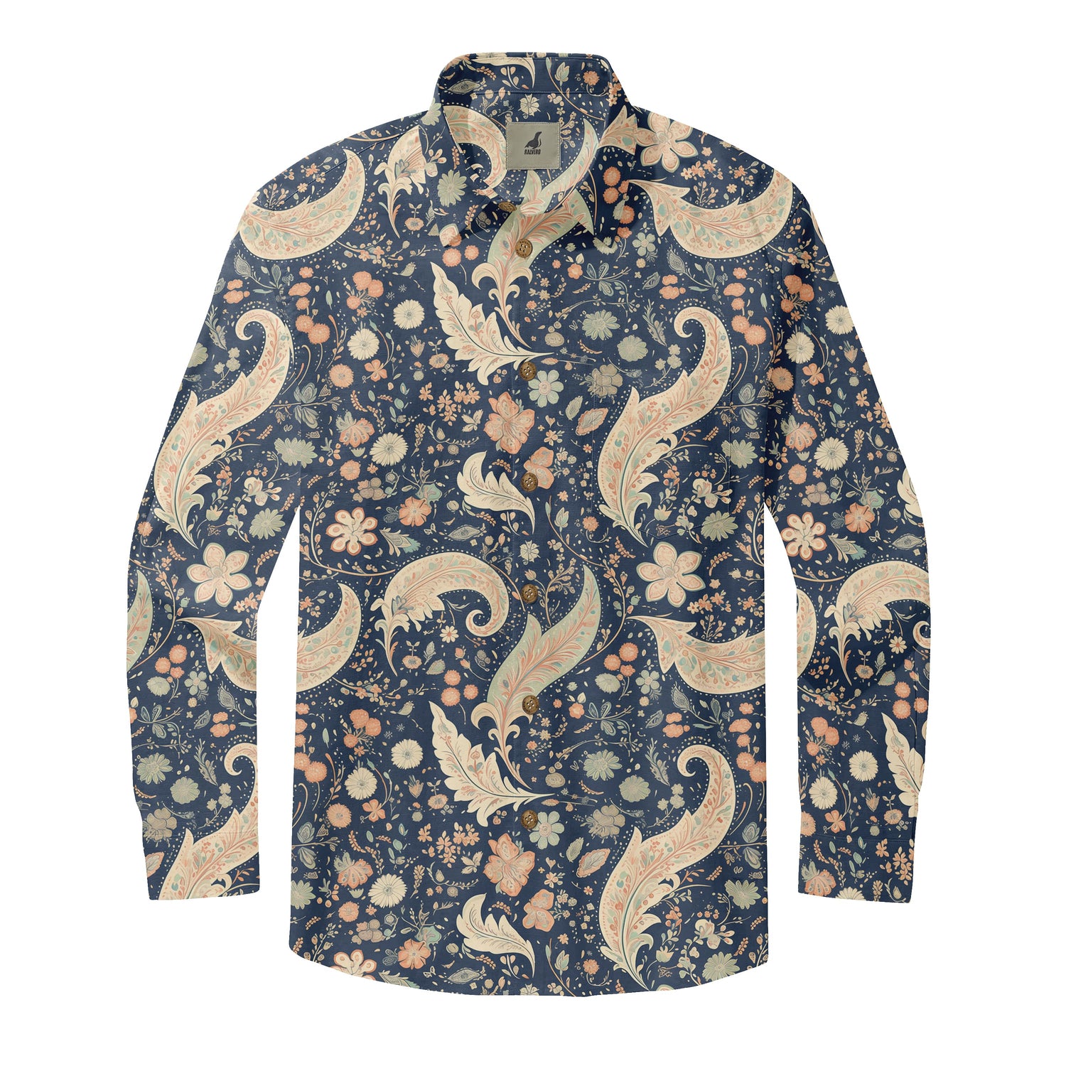 Dark Blue Vintage Paisley and Floral Long Sleeve Hawaiian...