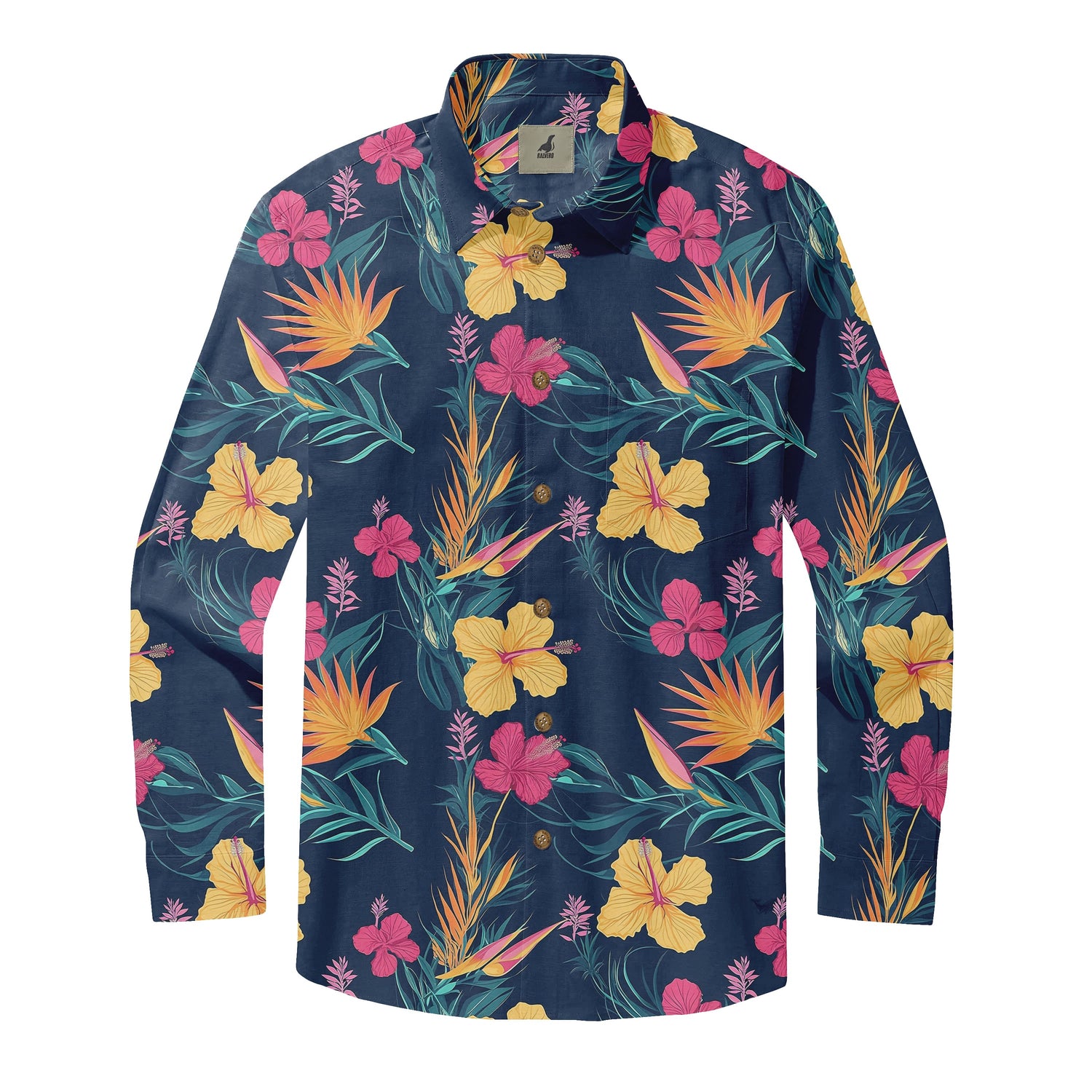 Navy Blue Tropical Floral Long Sleeve Hawaiian Shirt