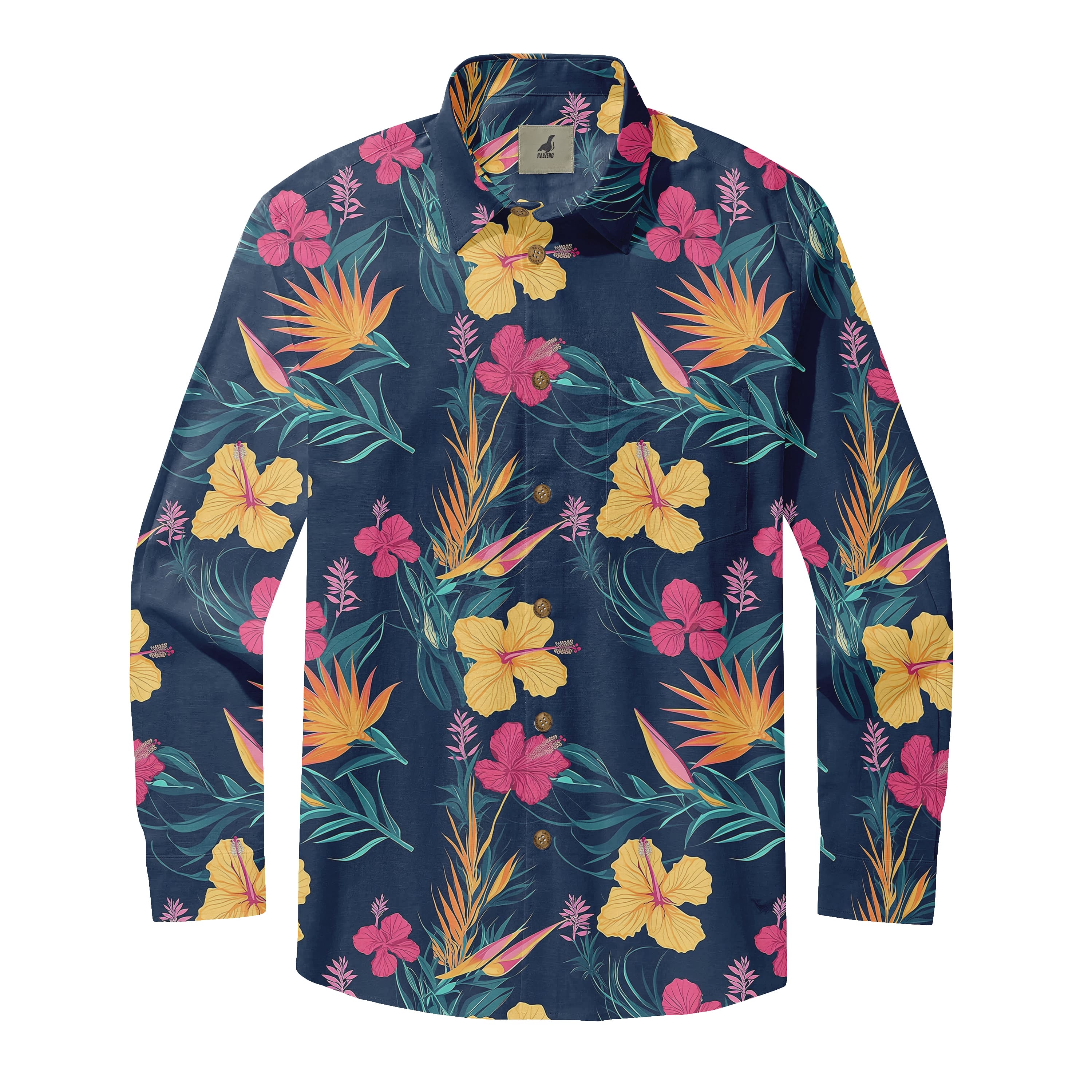Navy Blue Tropical Floral Long Sleeve Hawaiian Shirt