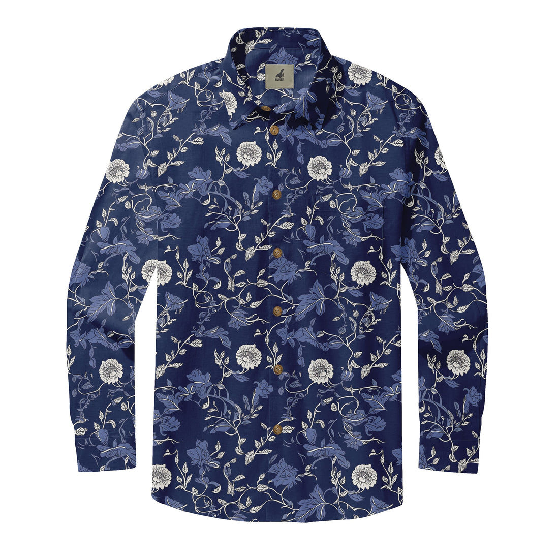 Navy Blue Botanical Floral Long Sleeve Hawaiian Shirt