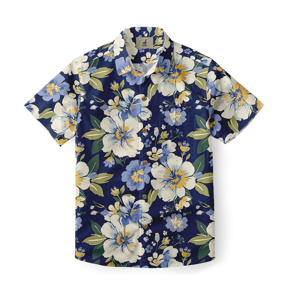 Navy Blue White &amp; Blue Floral Hawaiian Shirt