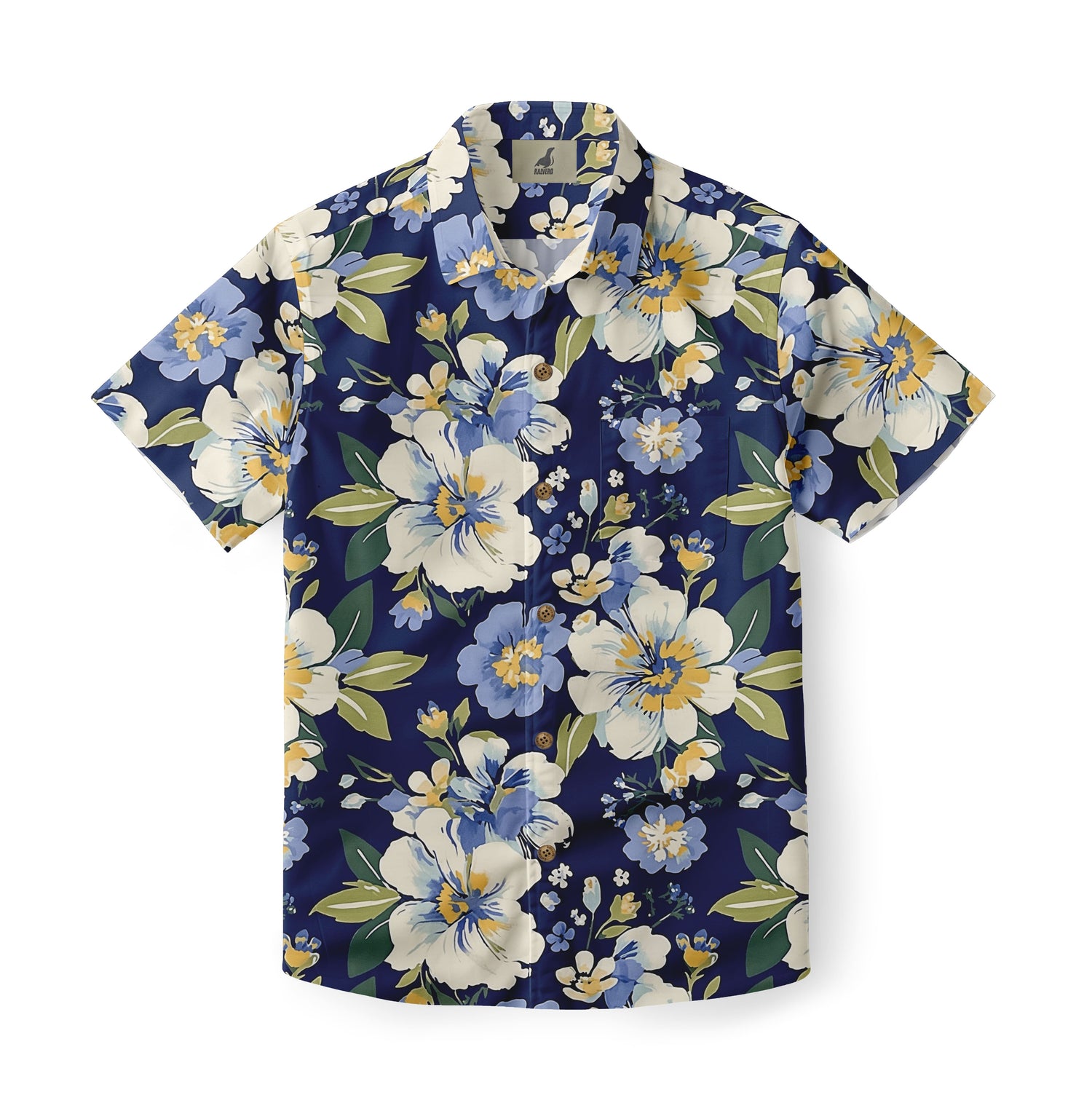 Navy Blue White &amp; Blue Floral Hawaiian Shirt