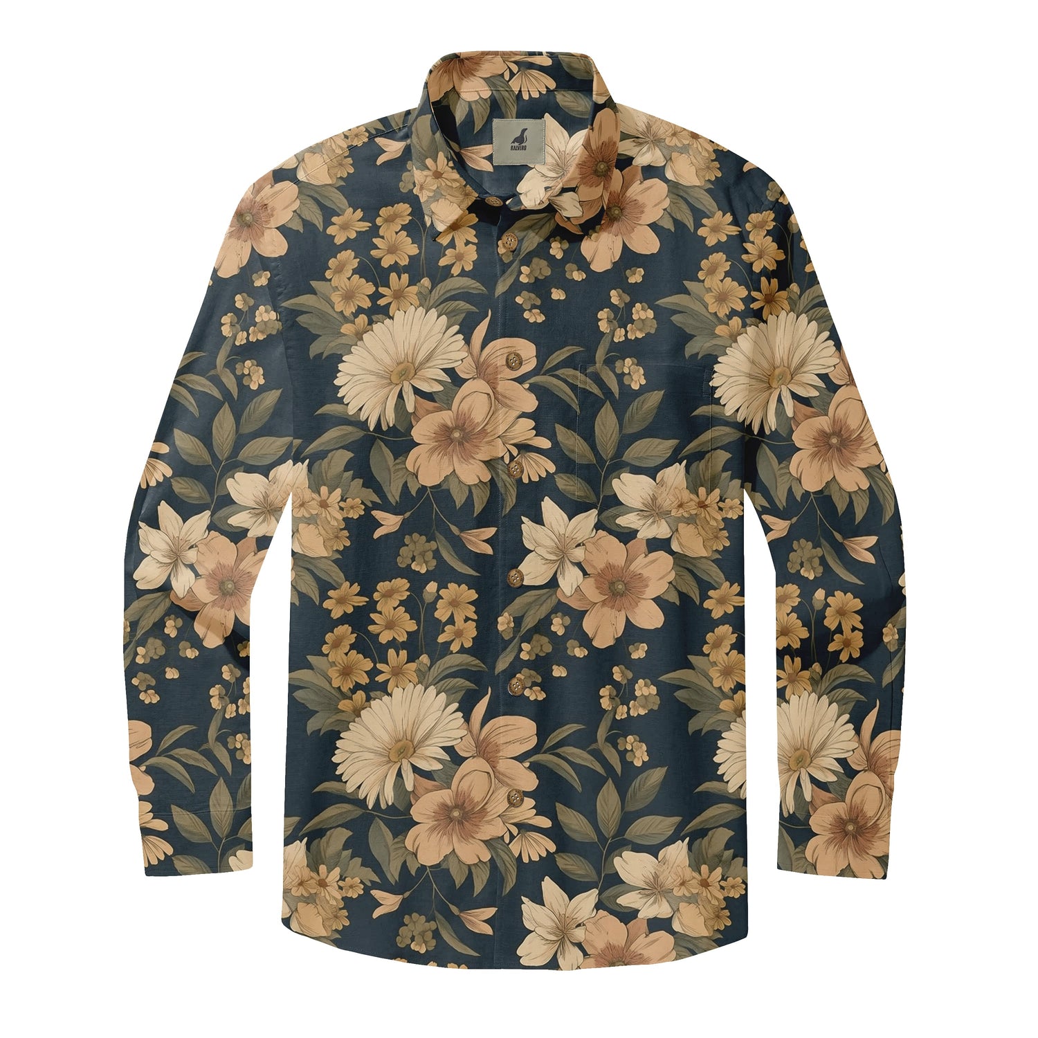 Navy Blue Vintage Floral Long Sleeve Hawaiian Shirt