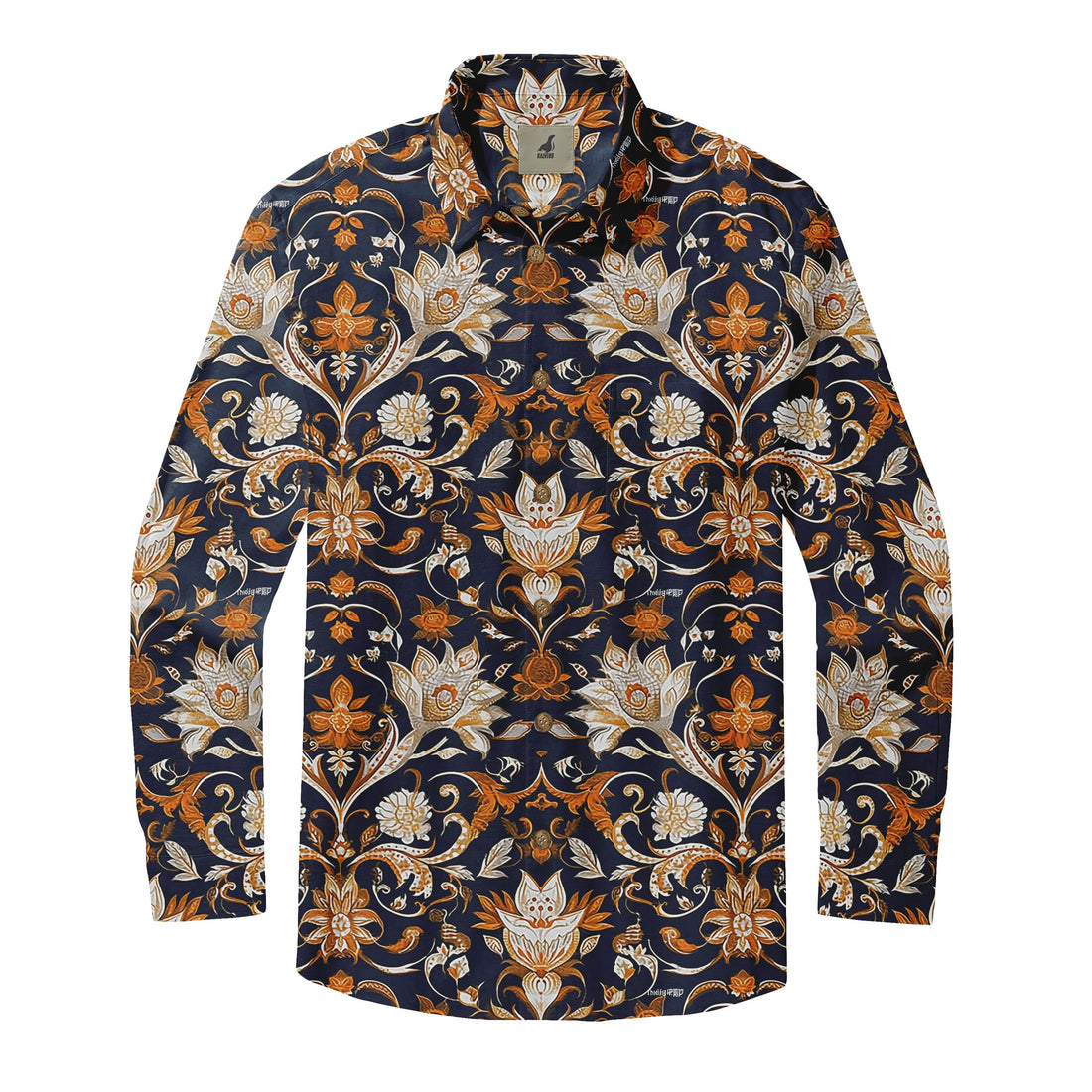 Navy Blue Ornate Floral Long Sleeve Hawaiian Shirt