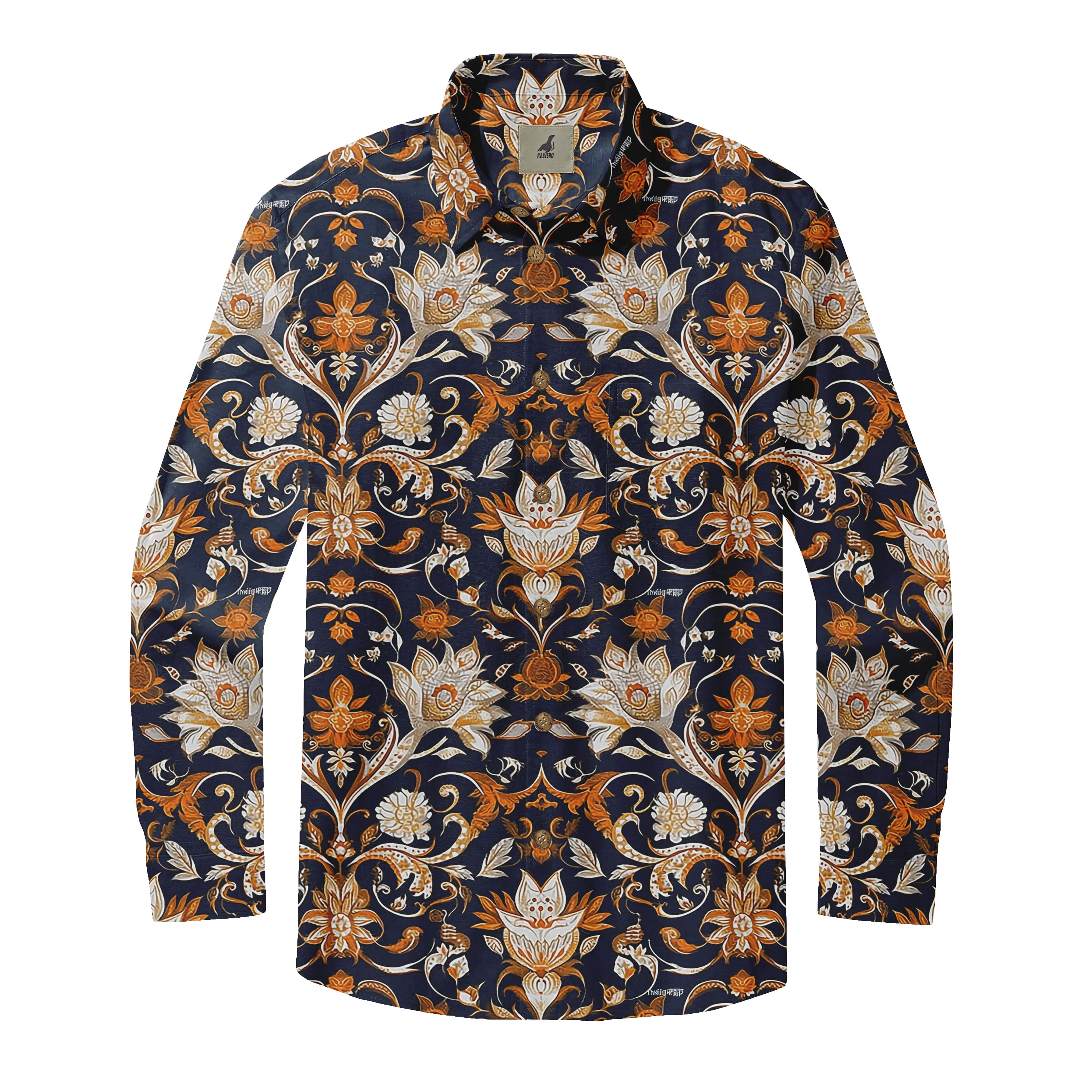 Navy Blue Ornate Floral Long Sleeve Hawaiian Shirt
