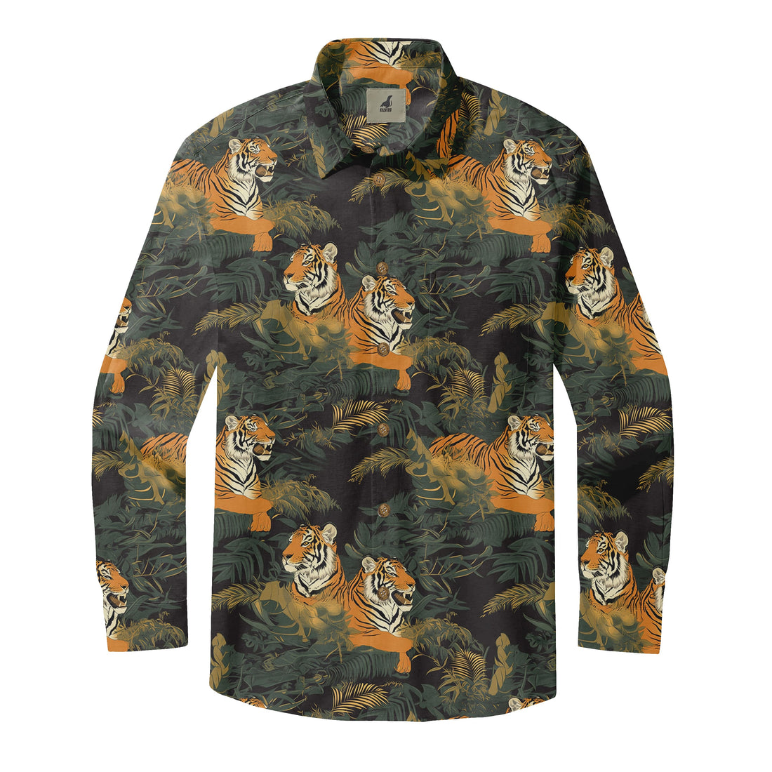 Black Tiger Jungle Print Long Sleeve Hawaiian Shirt