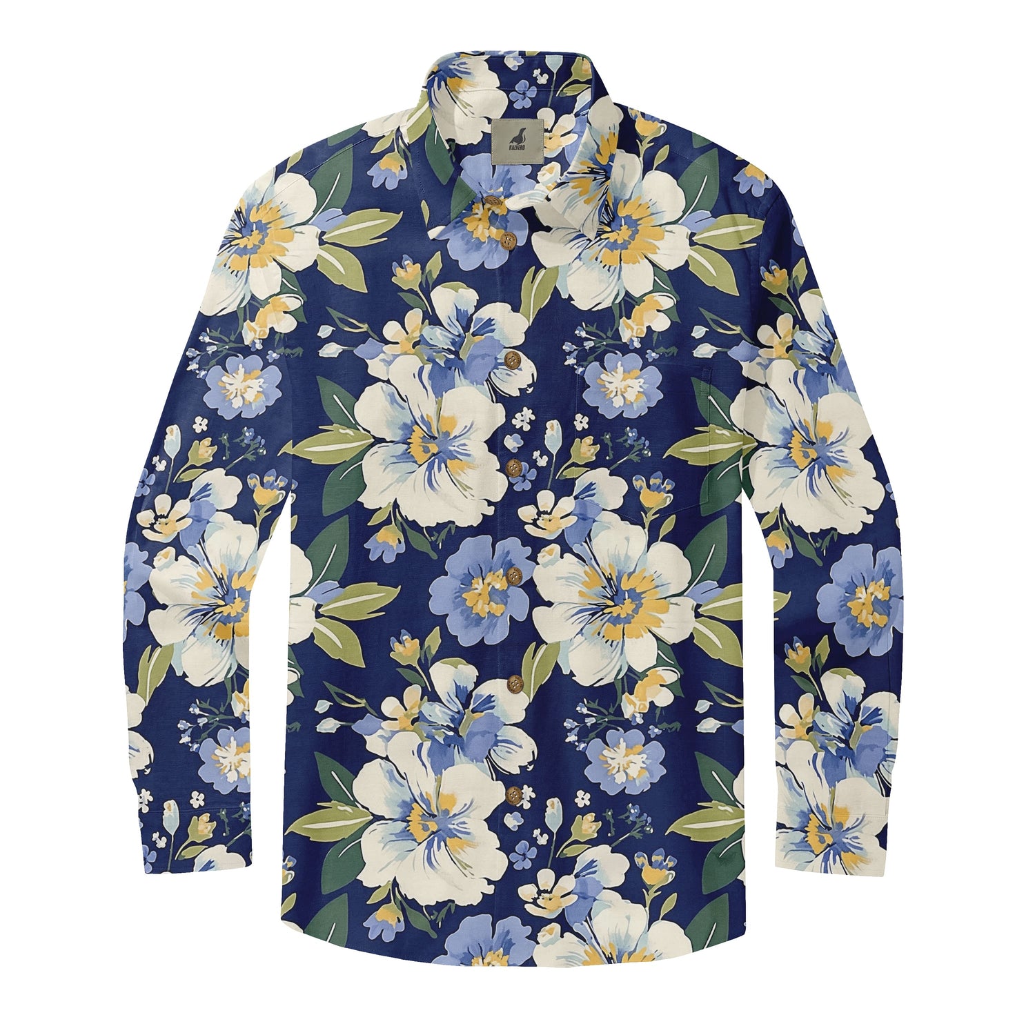 Navy Blue White &amp; Blue Floral Long Sleeve Hawaiian Shirt