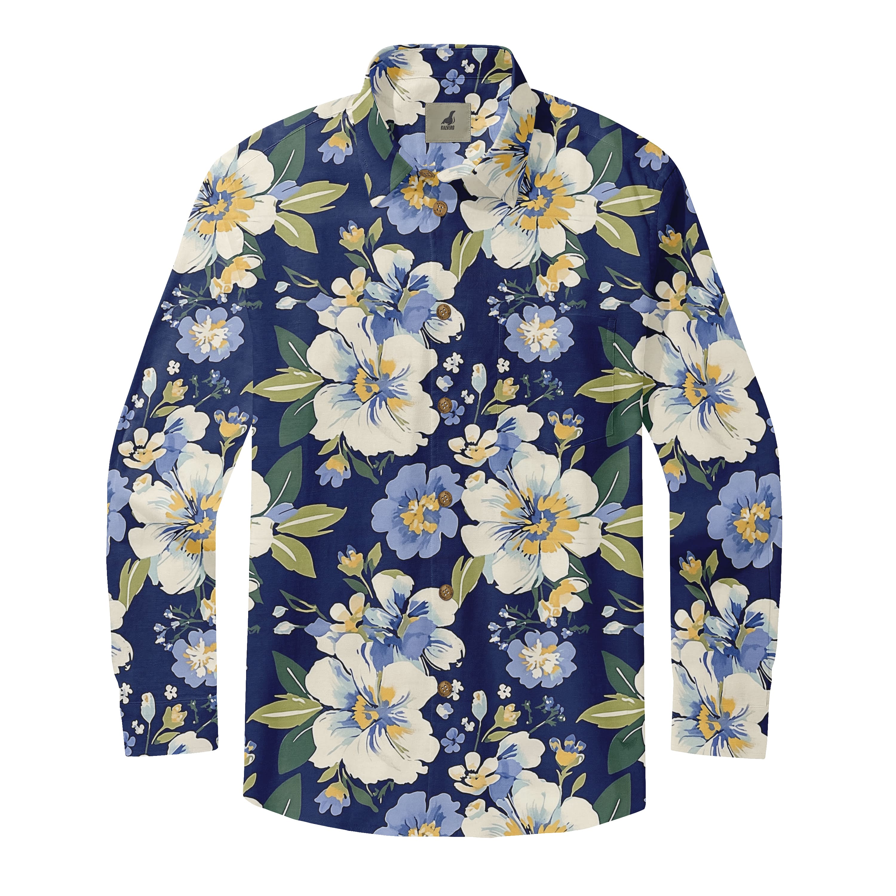 Navy Blue White &amp; Blue Floral Long Sleeve Hawaiian Shirt