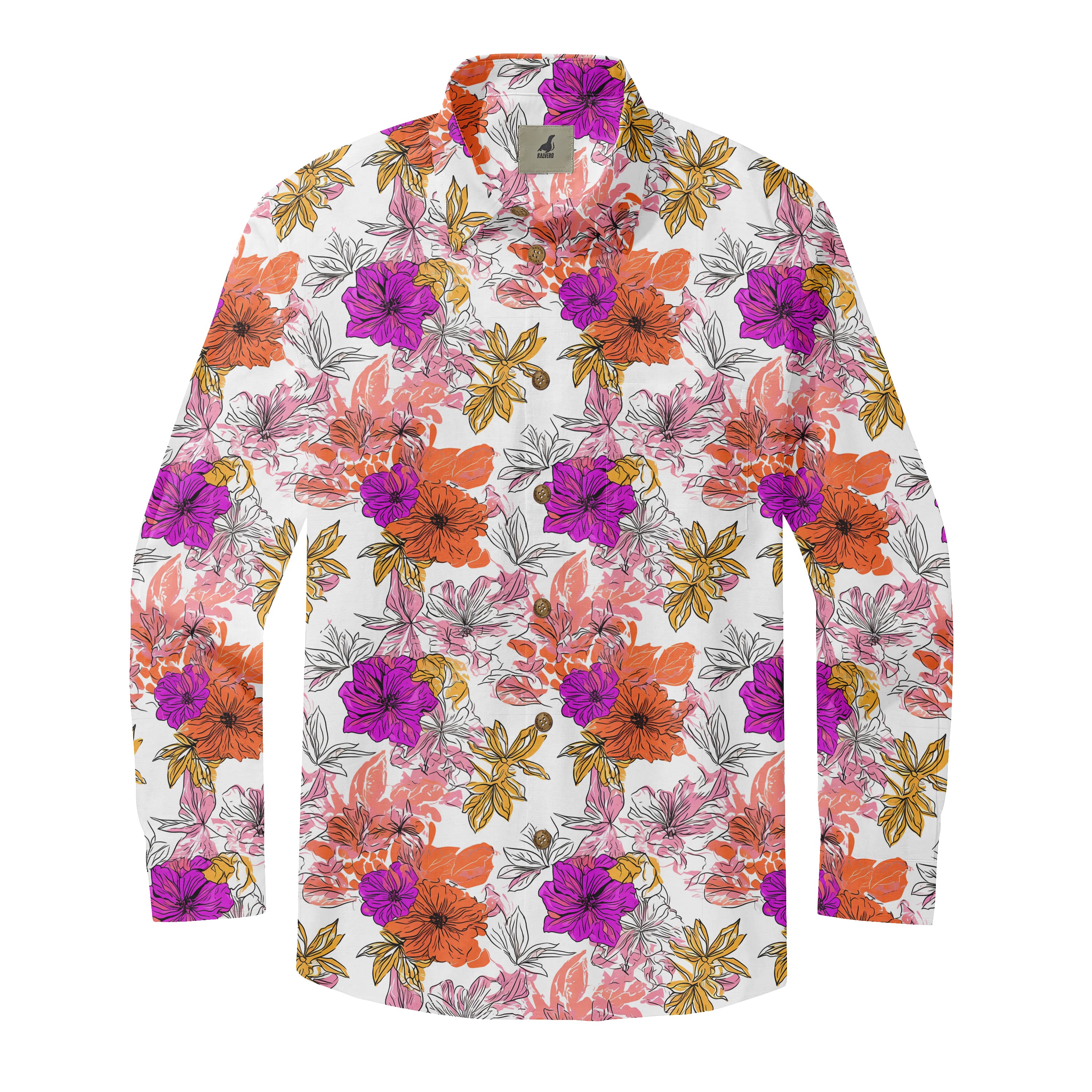 White Vibrant Tropical Floral Long Sleeve Hawaiian Shirt