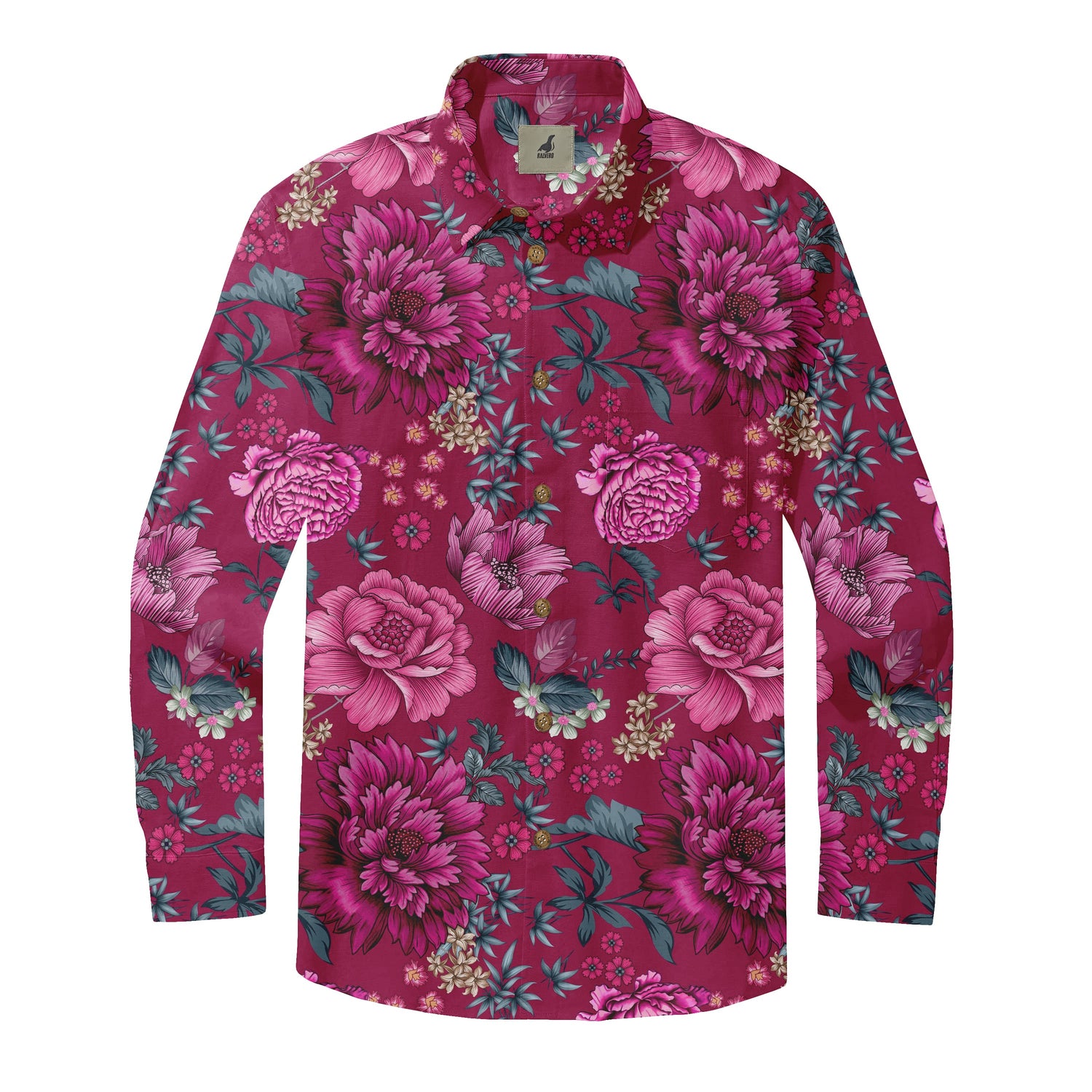 Burgundy Botanical Floral Long Sleeve Hawaiian Shirt