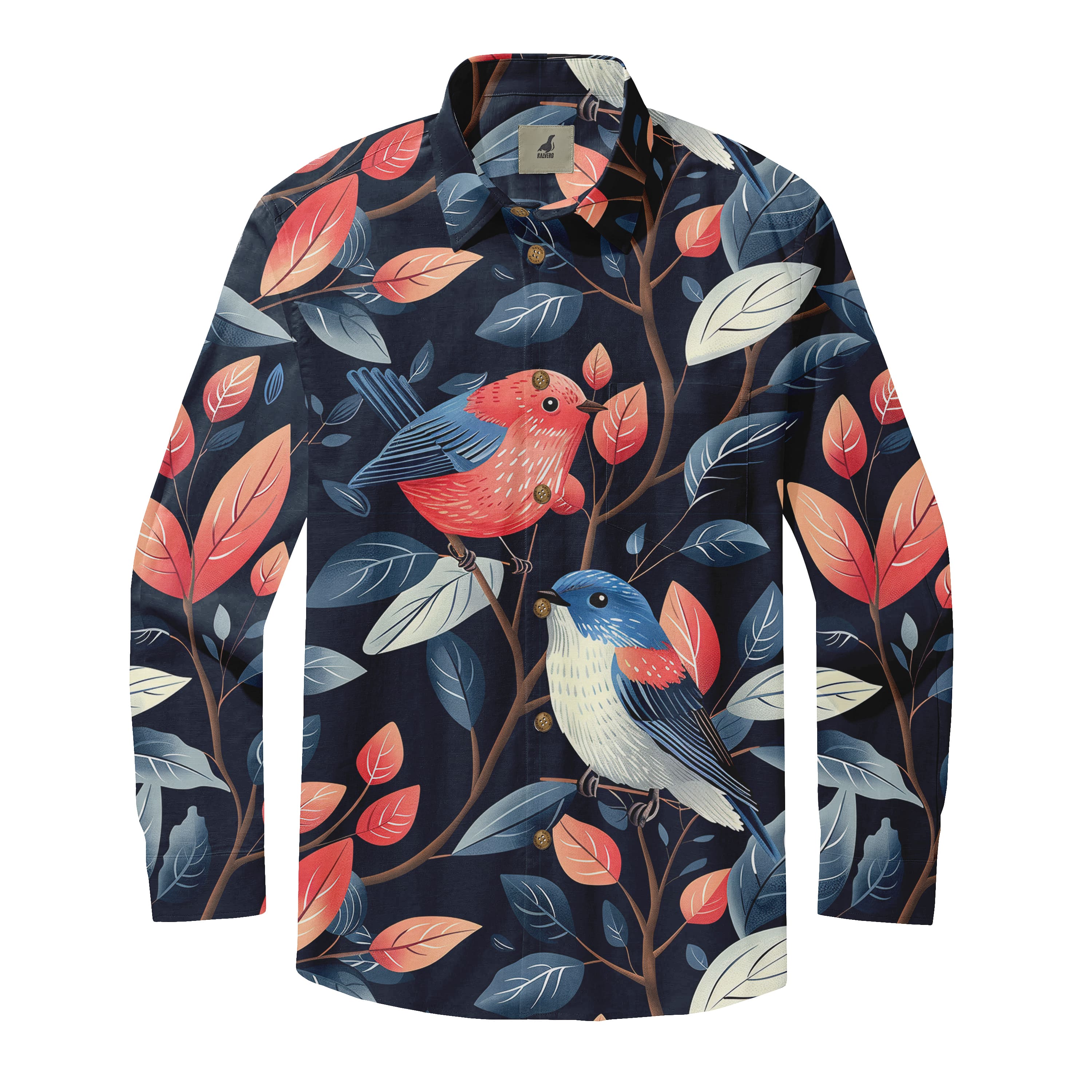 Navy Blue Birds and Leaves Long Sleeve Hawaiian Shirt