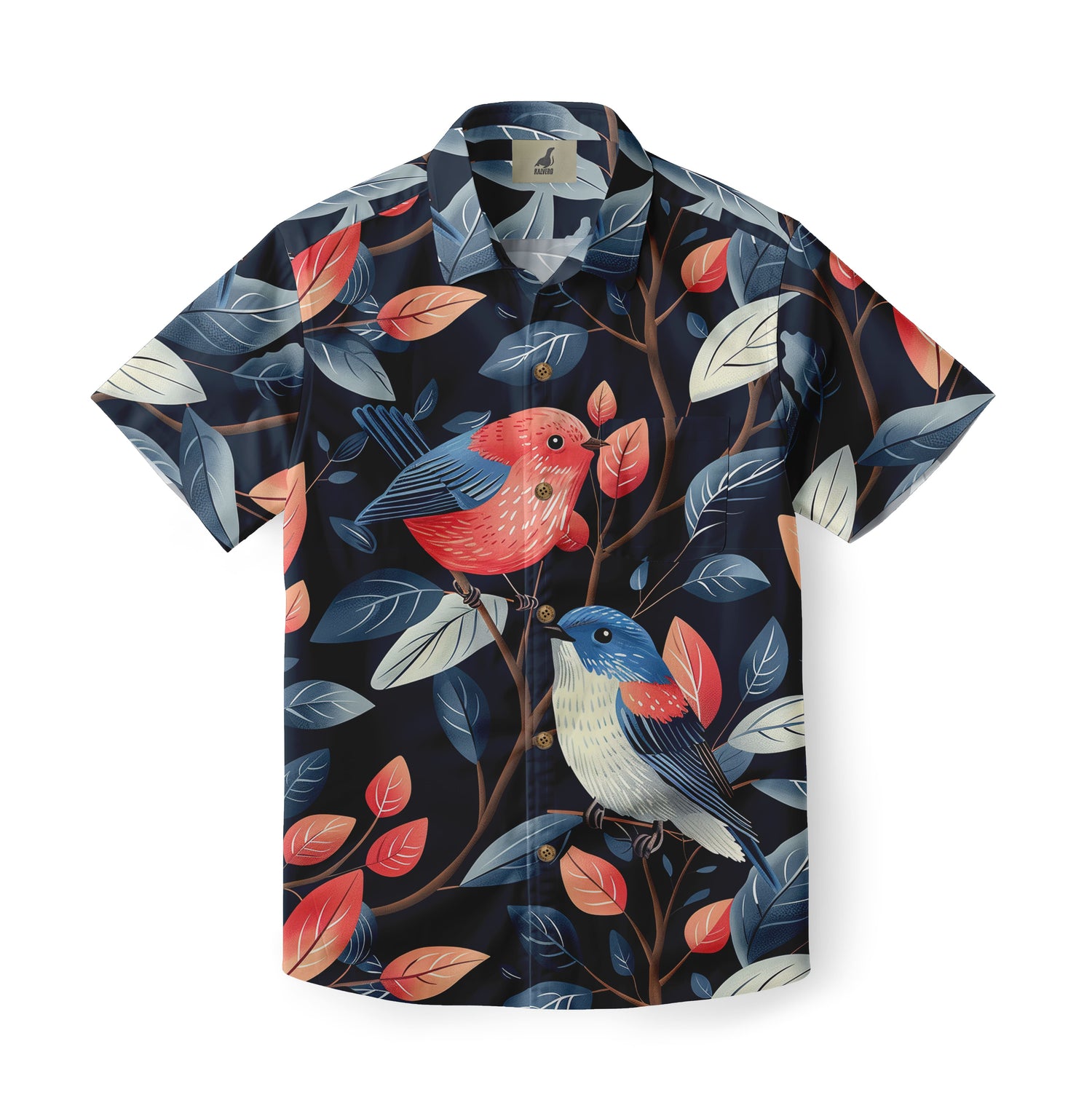 Navy Blue Birds and Leaves Hawaiian Shirt
