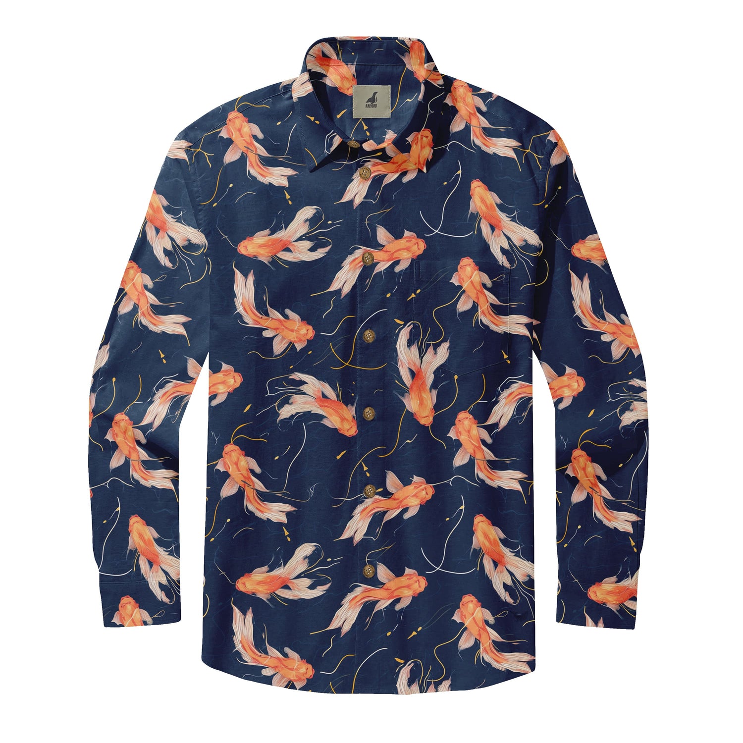 Navy Blue Orange Koi Fish Long Sleeve Hawaiian Shirt