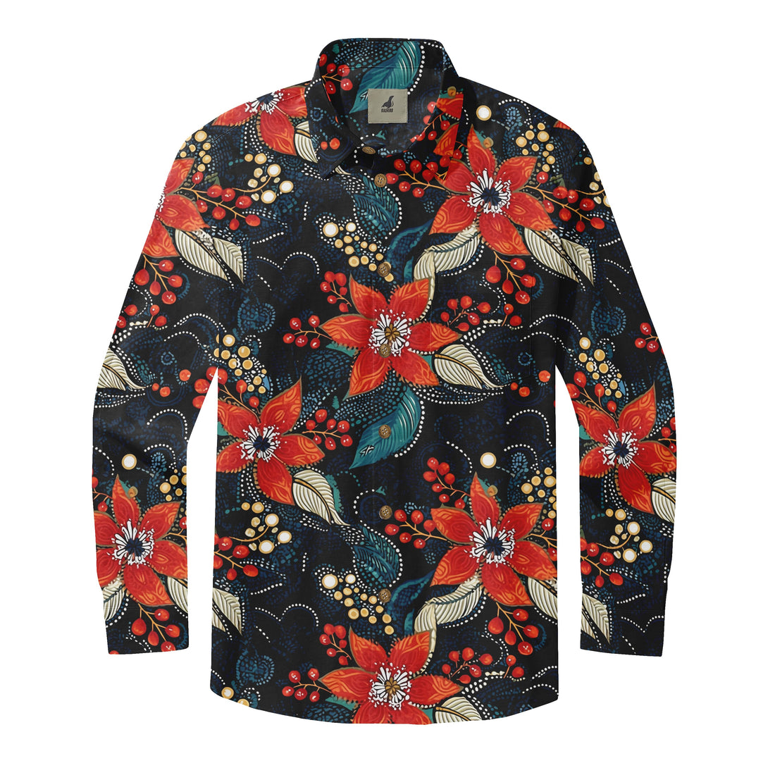 Black Red Floral and Berry Long Sleeve Hawaiian Shirt