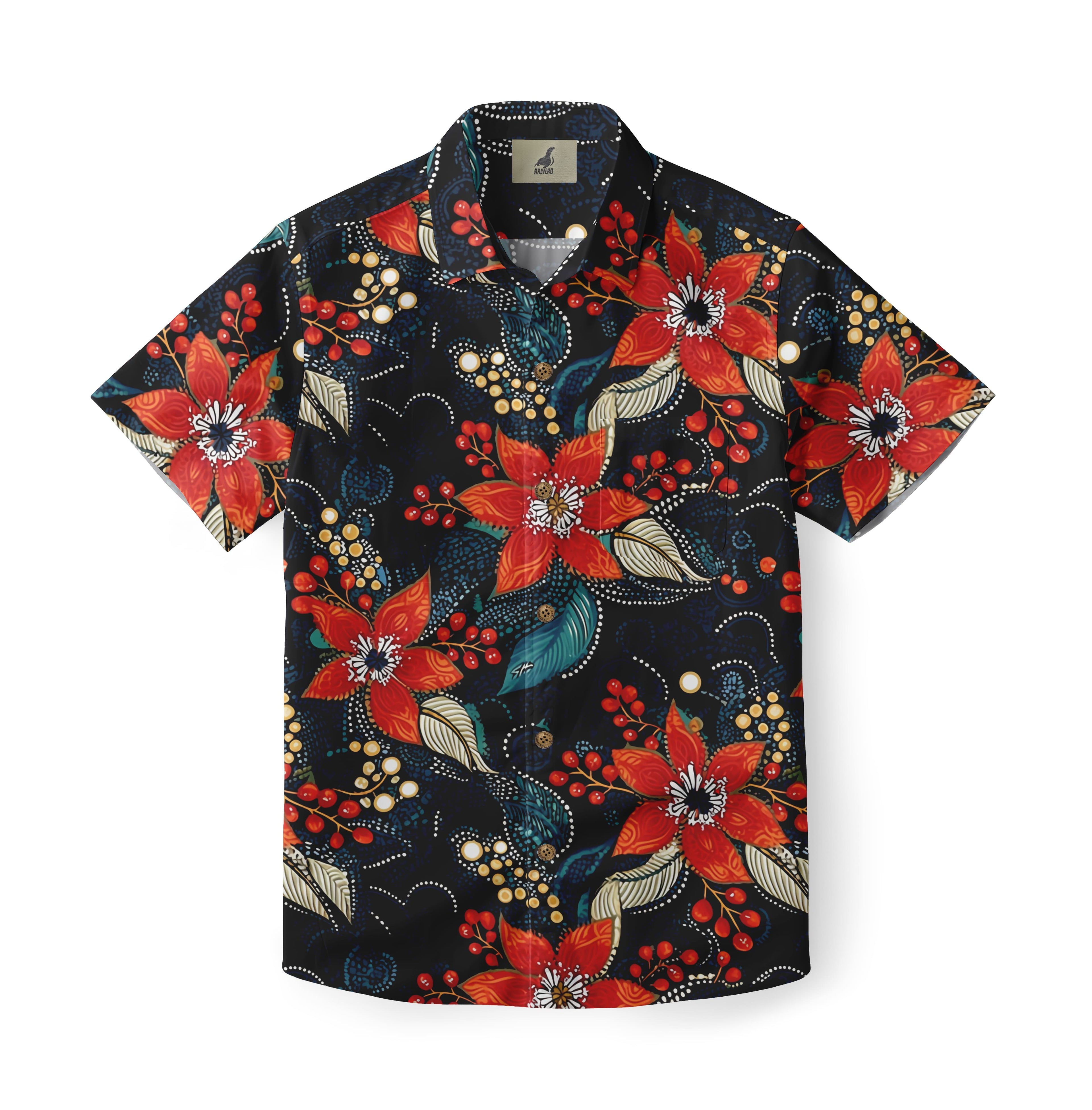 Black Red Floral and Berry Hawaiian Shirt