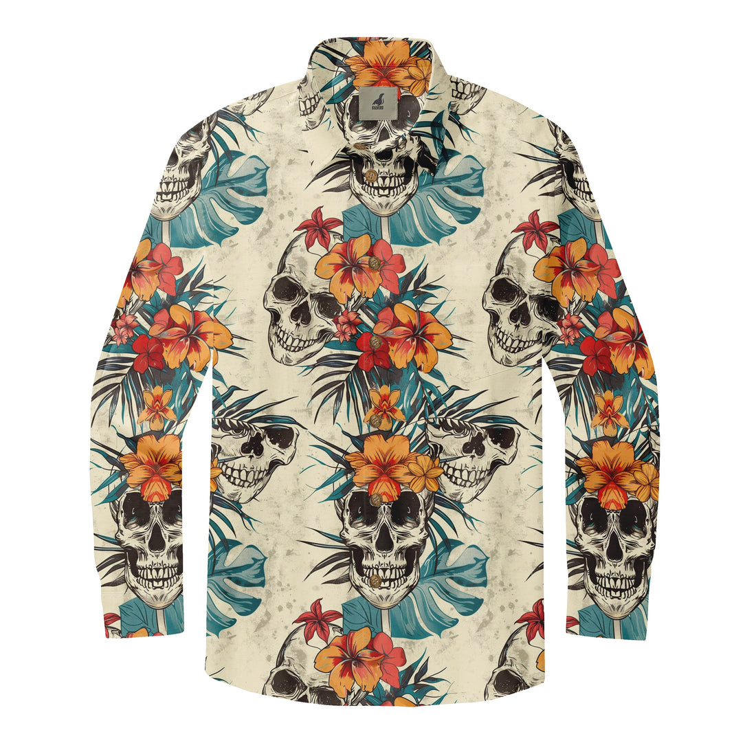Cream Tropical Skull Floral Long Sleeve Hawaiian Shirt