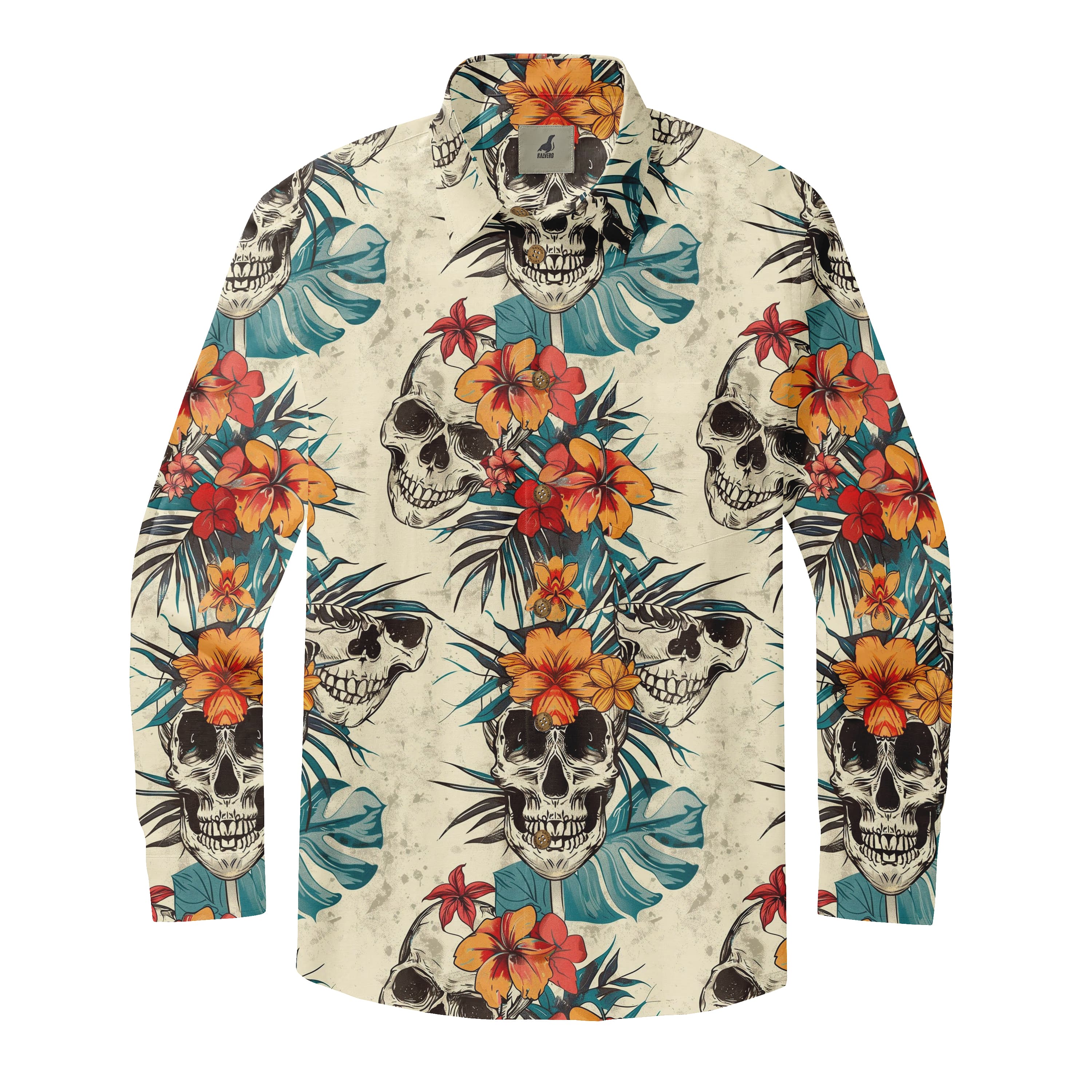 Cream Tropical Skull Floral Long Sleeve Hawaiian Shirt