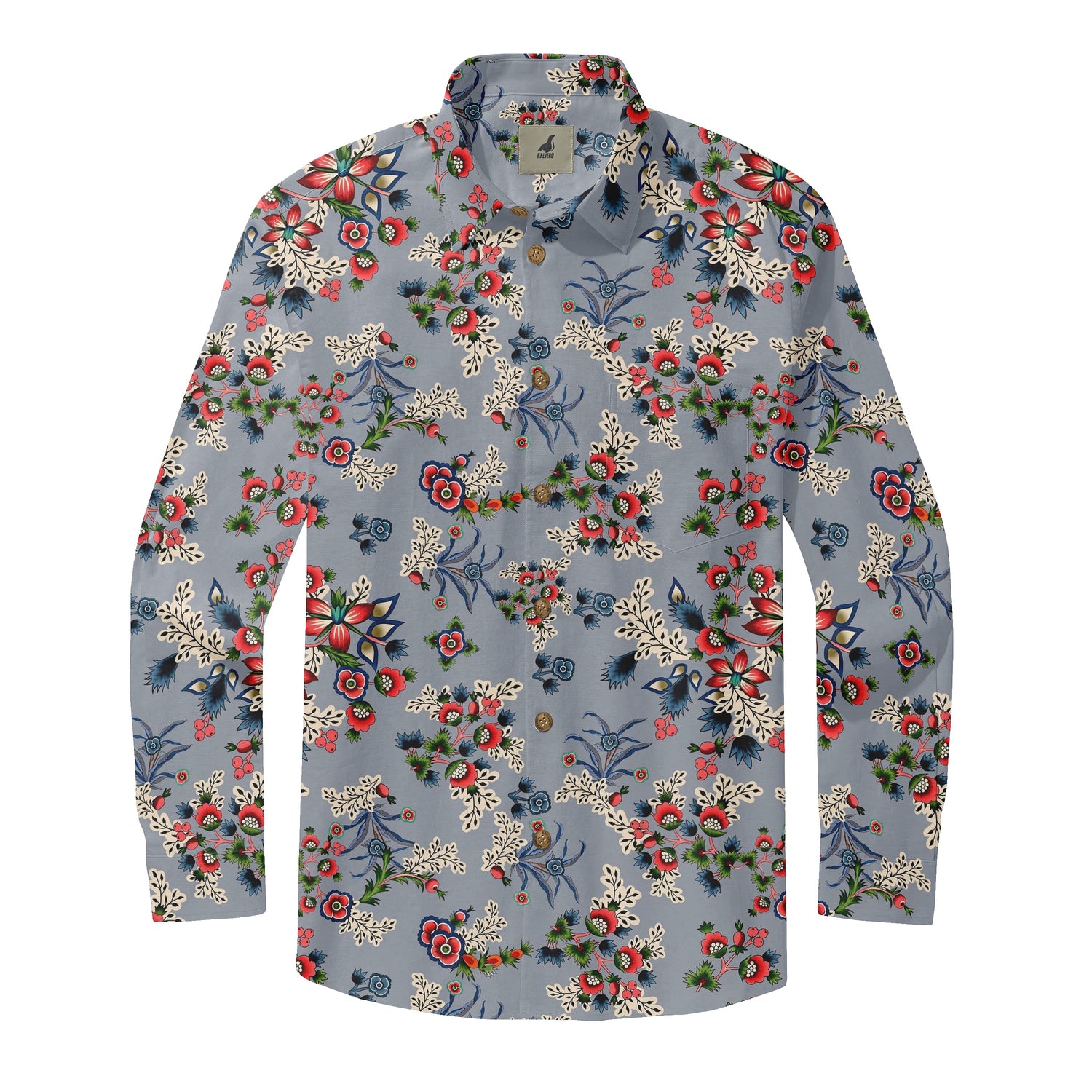 Grey Blue Vintage Floral Long Sleeve Hawaiian Shirt