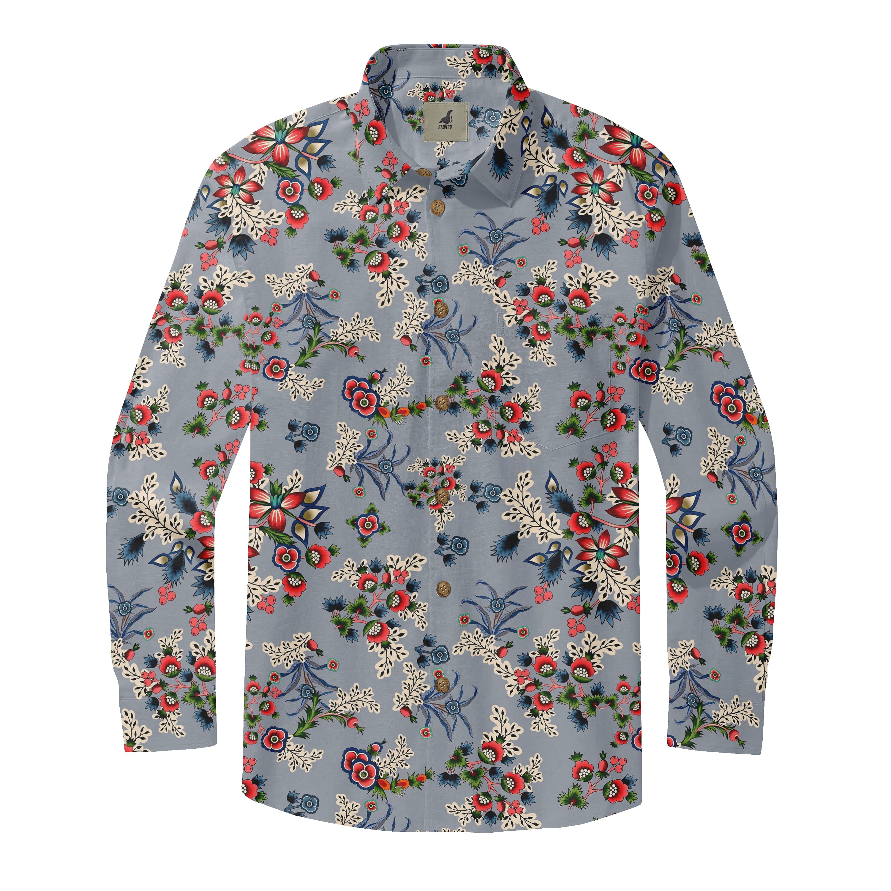 Grey Blue Vintage Floral Long Sleeve Hawaiian Shirt