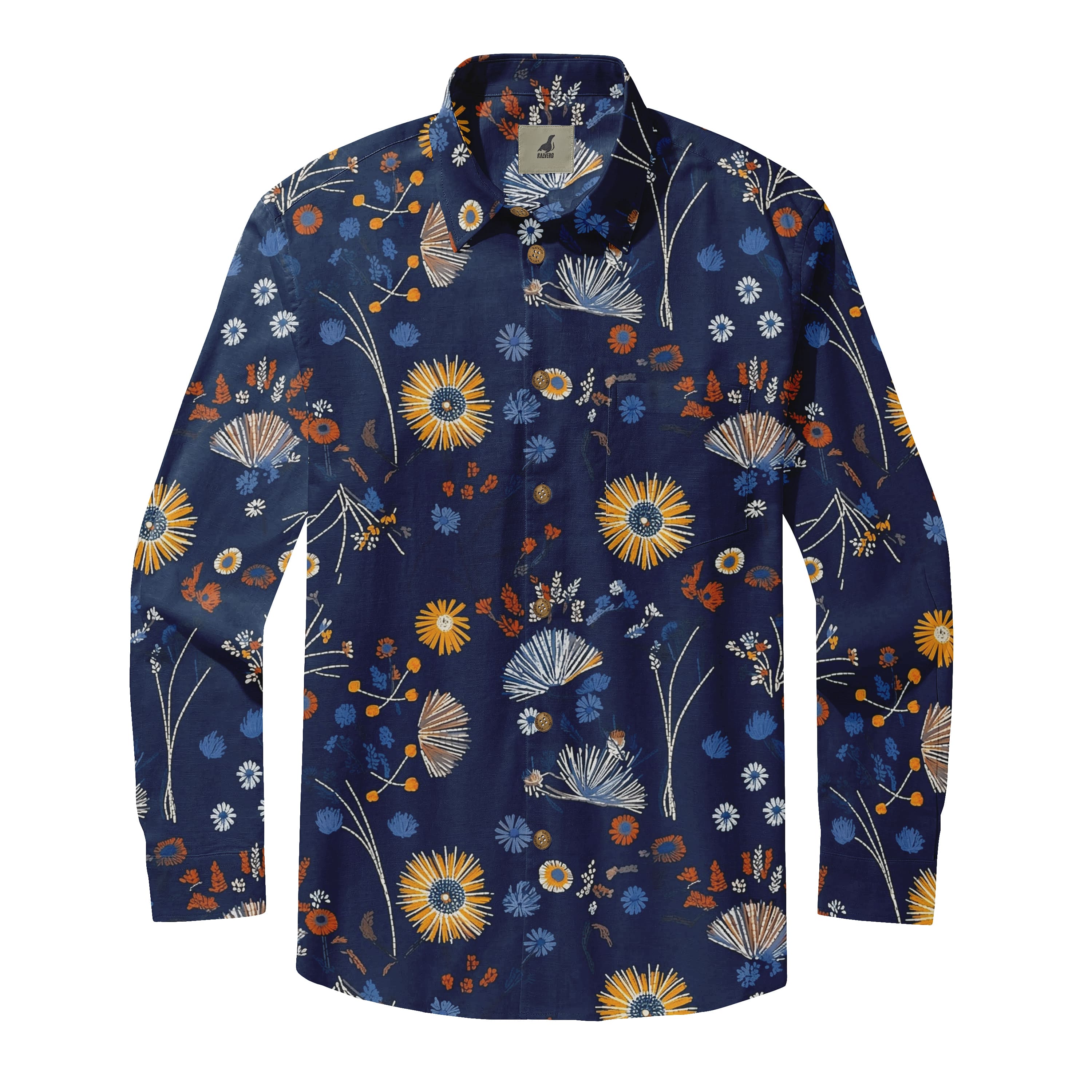 Navy Blue Botanical Floral Long Sleeve Hawaiian Shirt