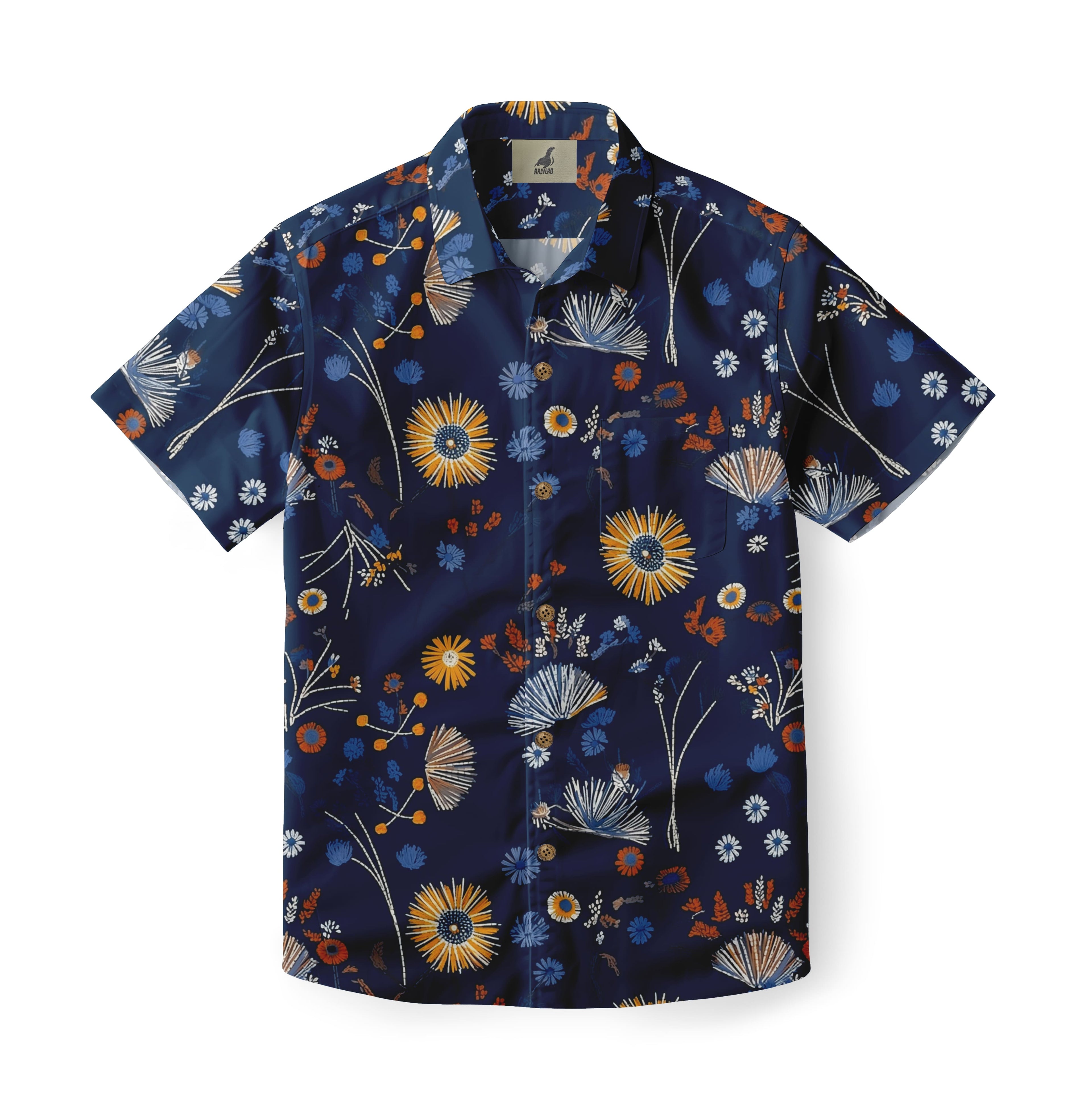 Navy Blue Botanical Floral Hawaiian Shirt