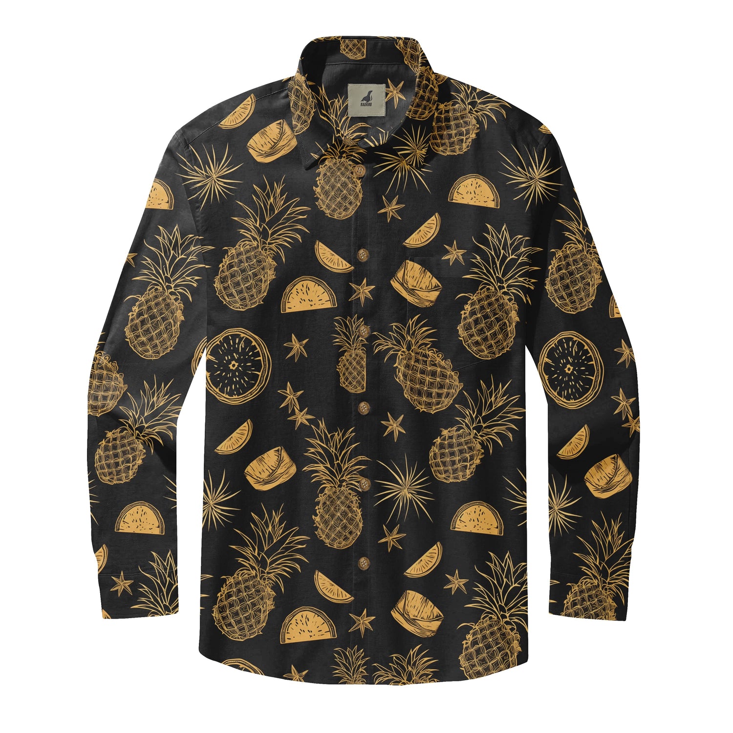 Black Gold Tropical Fruit Long Sleeve Hawaiian Shirt