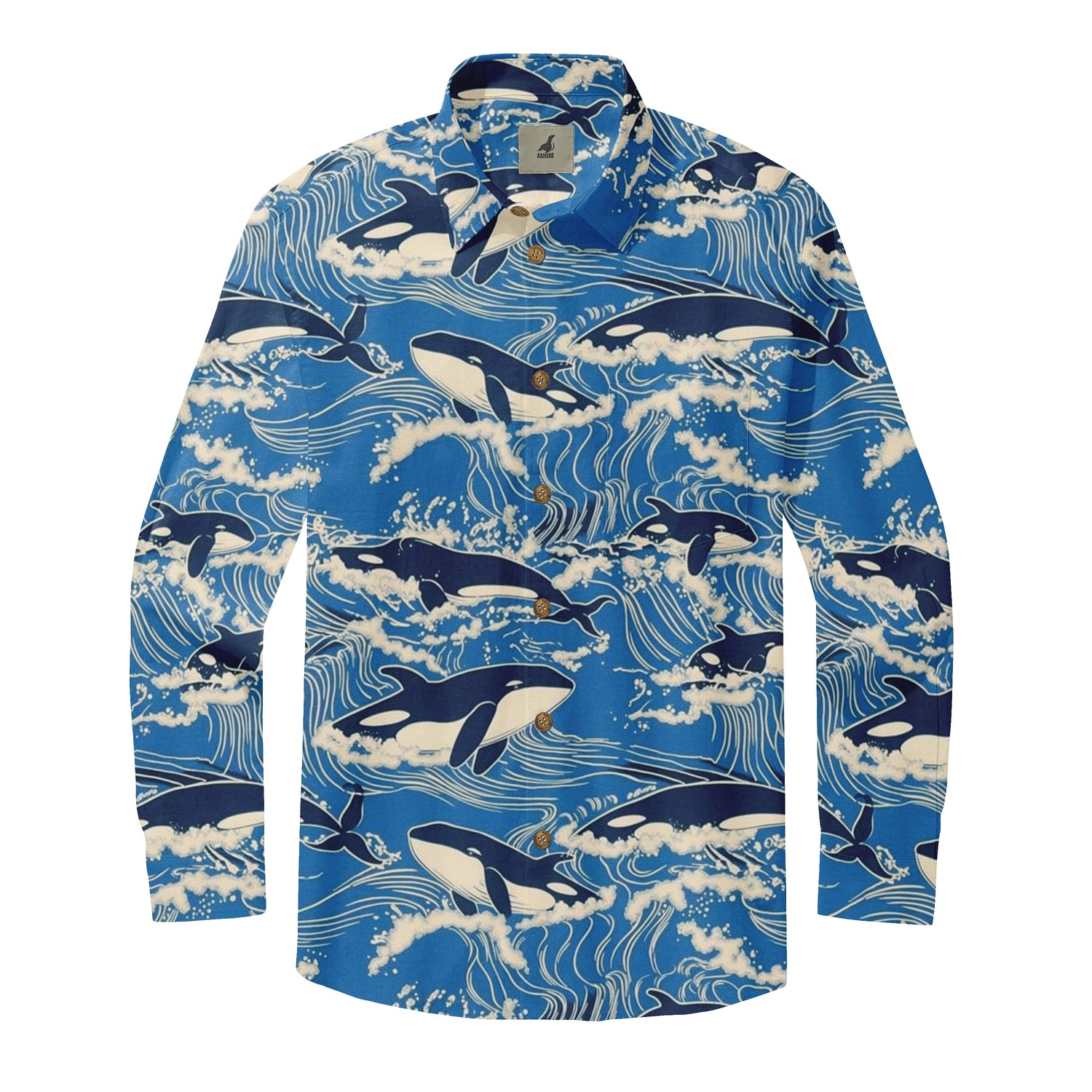 Blue Orca Wave Long Sleeve Hawaiian Shirt