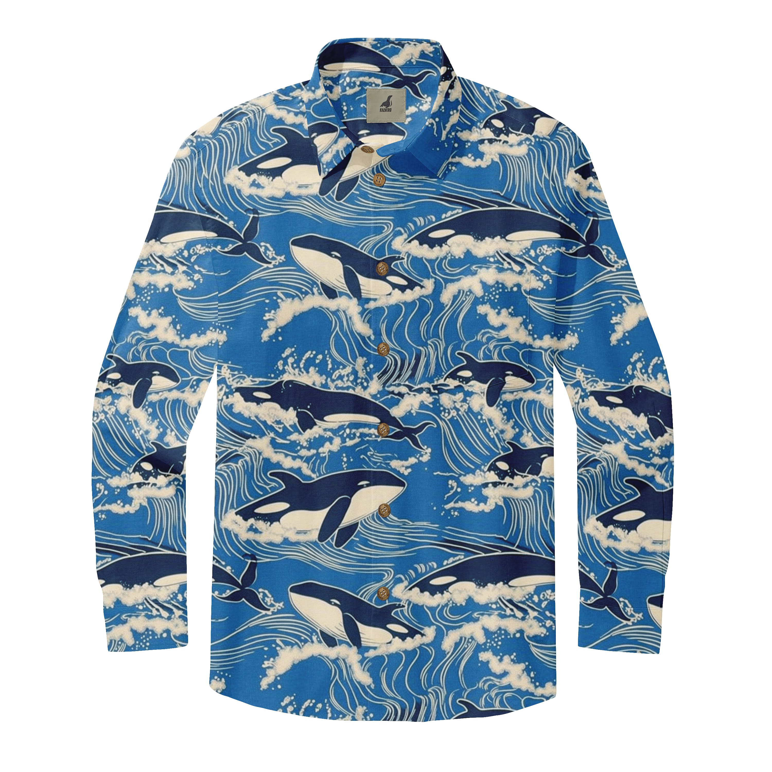 Blue Orca Wave Long Sleeve Hawaiian Shirt