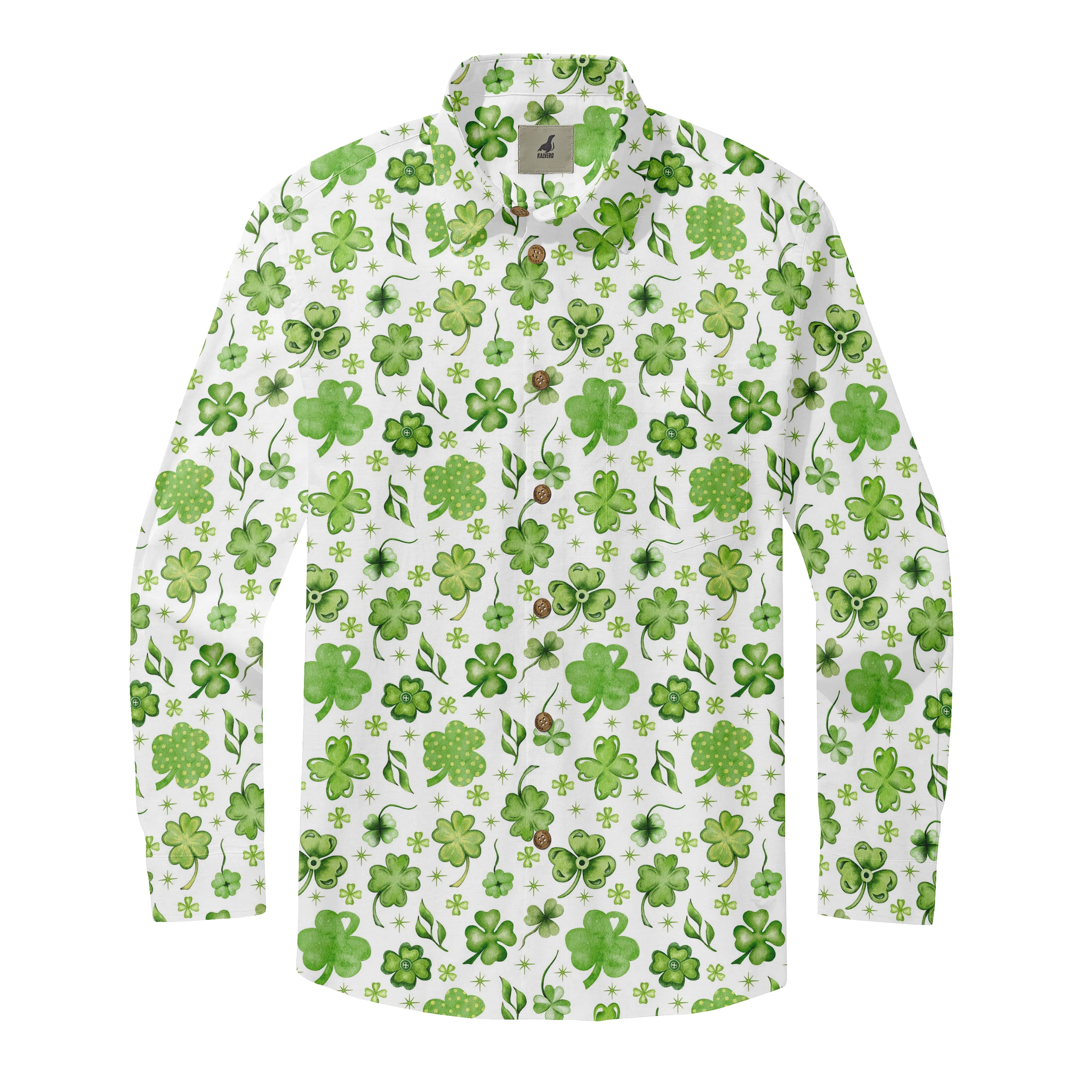 White Green Shamrock Clover Long Sleeve Hawaiian Shirt