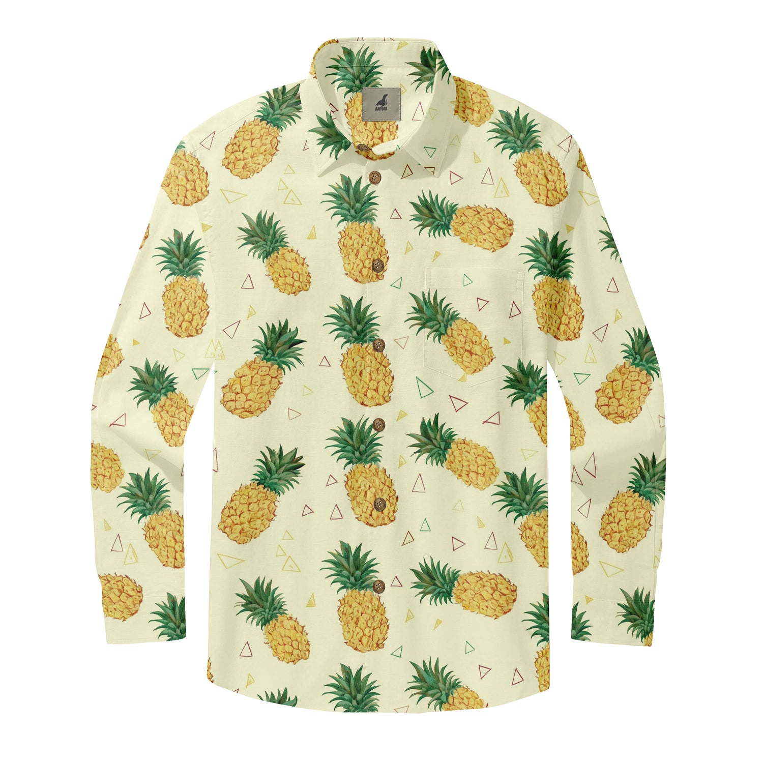 Cream Pineapple Print Long Sleeve Hawaiian Shirt
