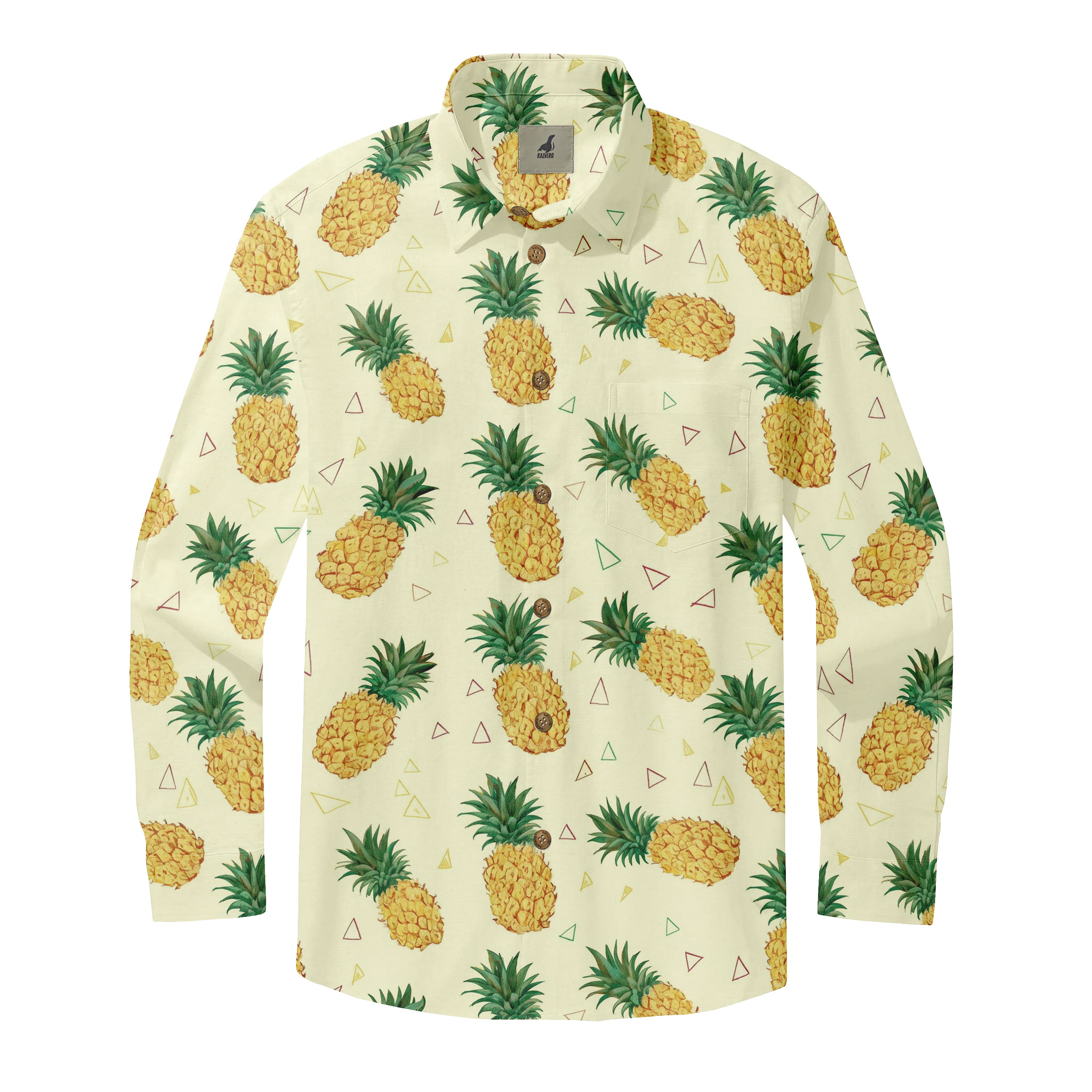 Cream Pineapple Print Long Sleeve Hawaiian Shirt