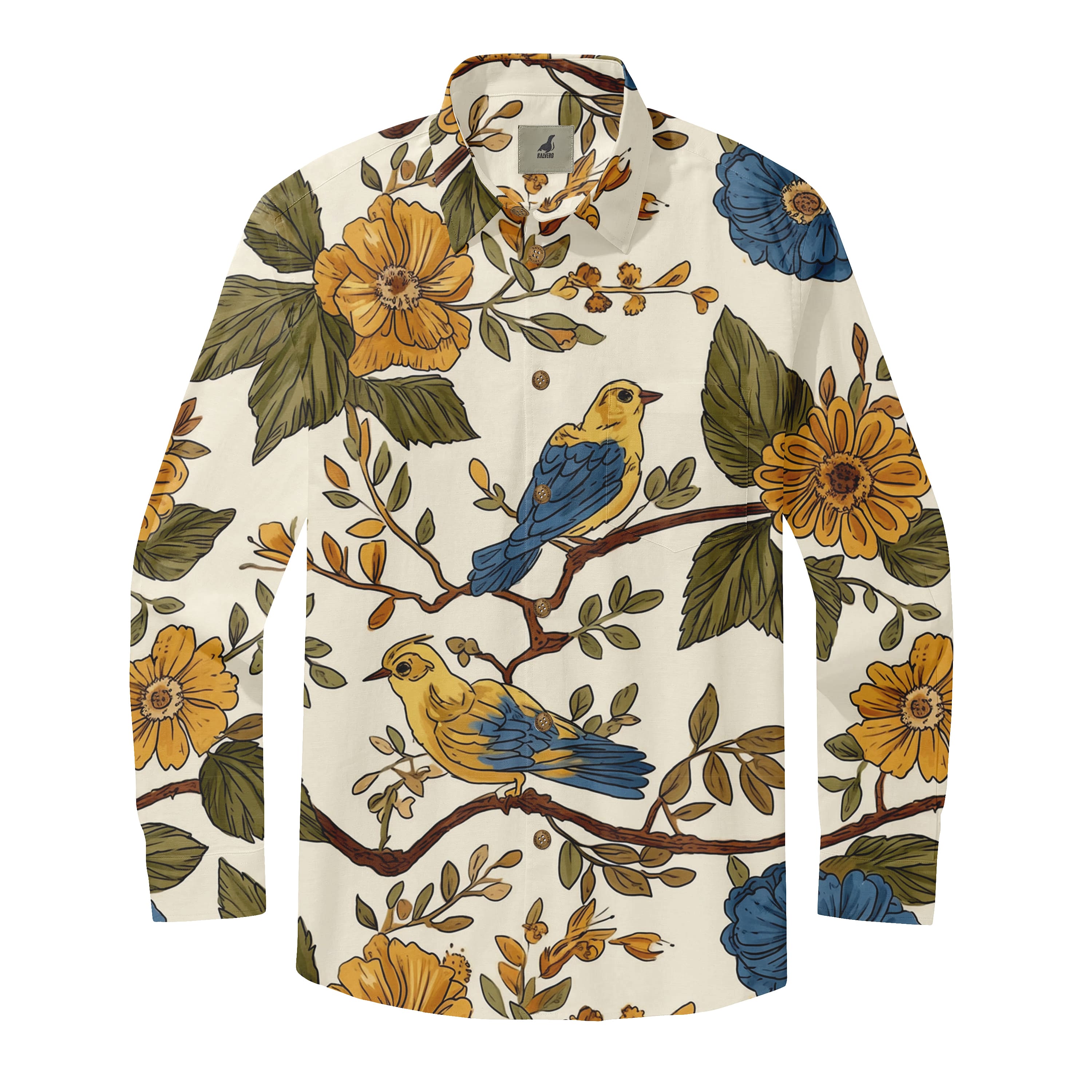Cream Vintage Bird and Floral Long Sleeve Hawaiian Shirt