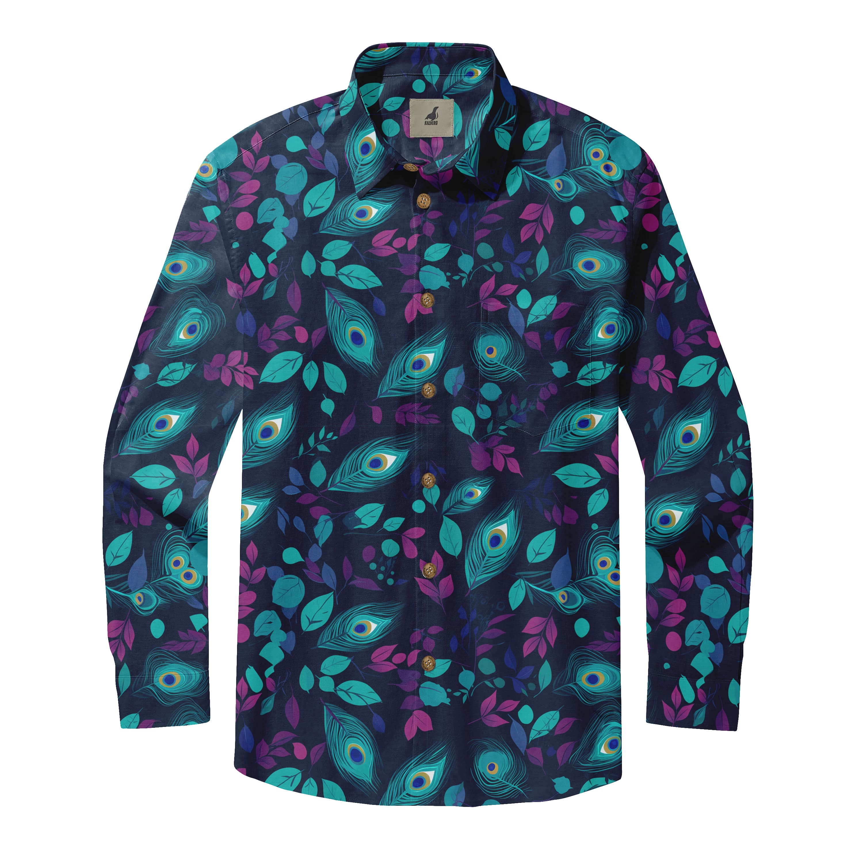 Navy Blue Peacock Feathers Long Sleeve Hawaiian Shirt