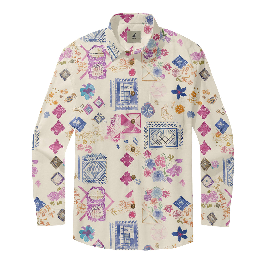 Cream Abstract Geometric Floral Long Sleeve Hawaiian Shirt