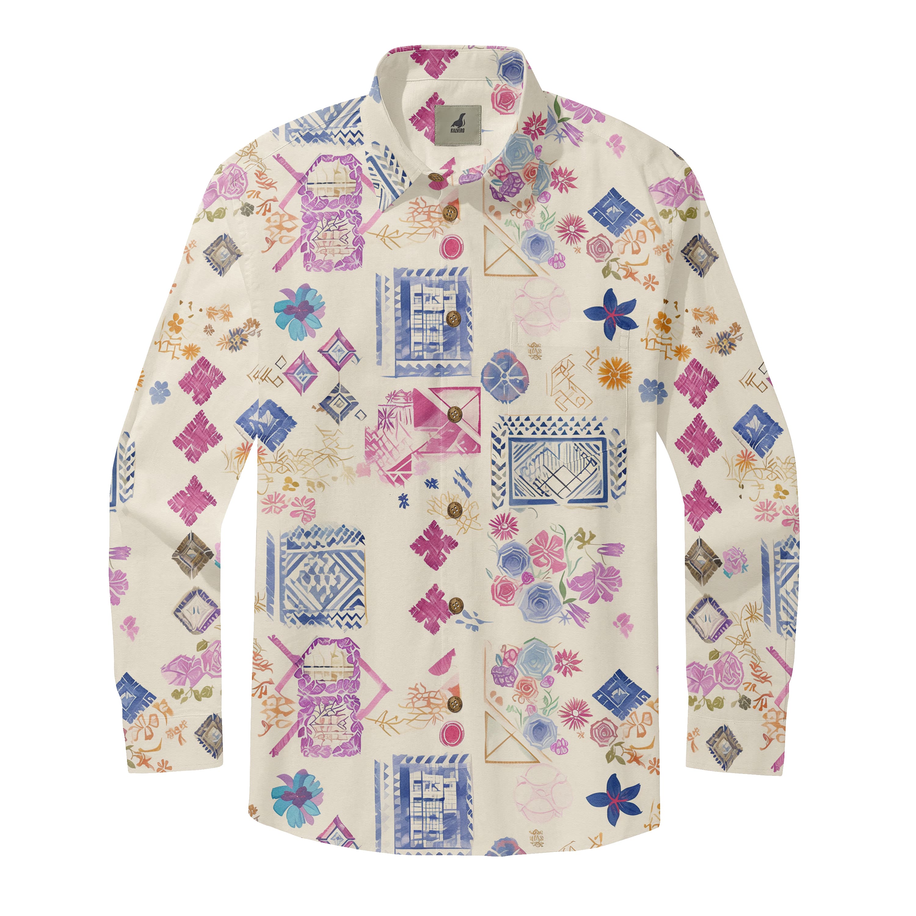 Cream Abstract Geometric Floral Long Sleeve Hawaiian Shirt