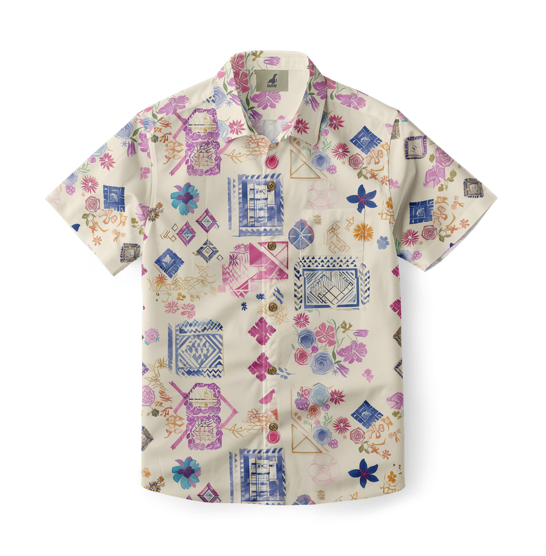 Cream Abstract Geometric Floral Hawaiian Shirt