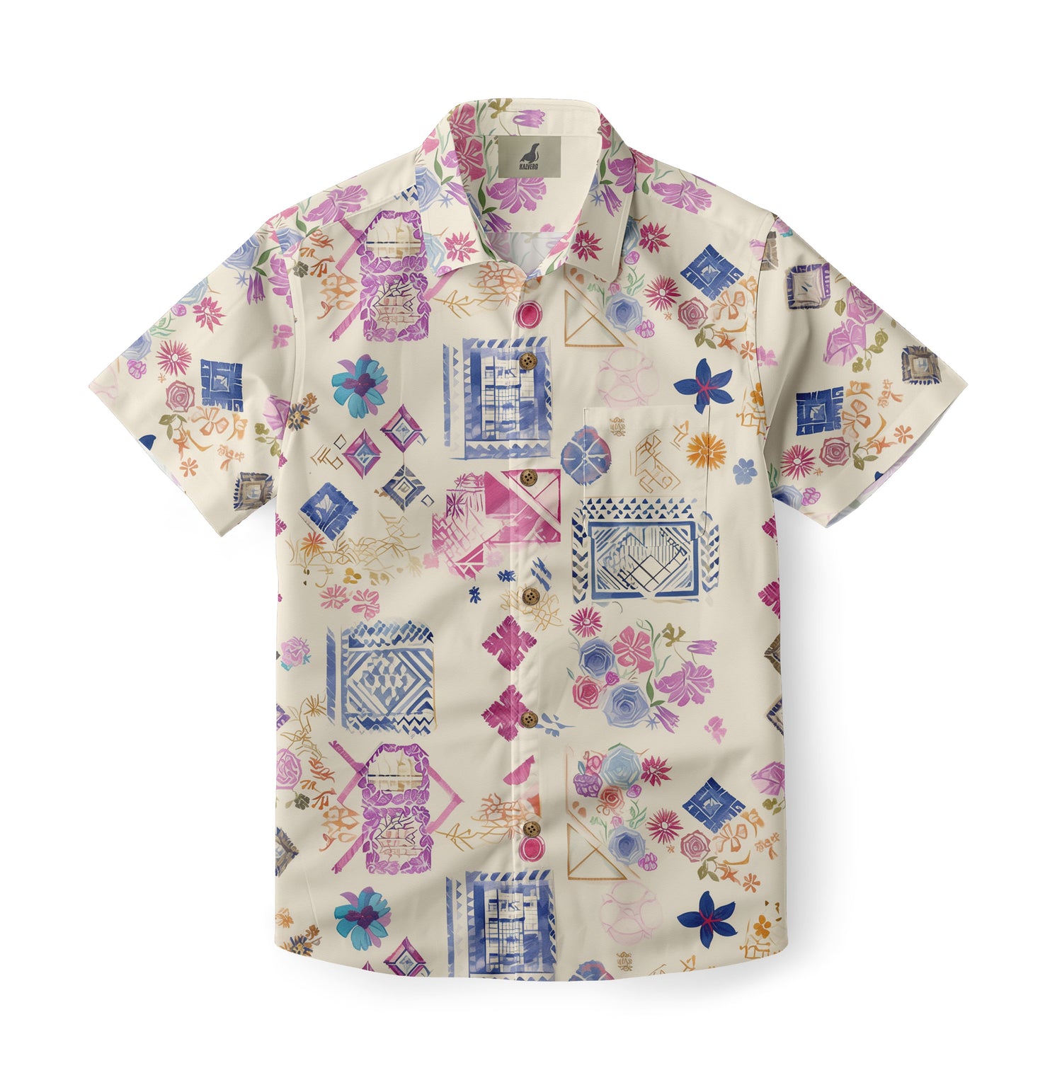 Cream Abstract Geometric Floral Hawaiian Shirt