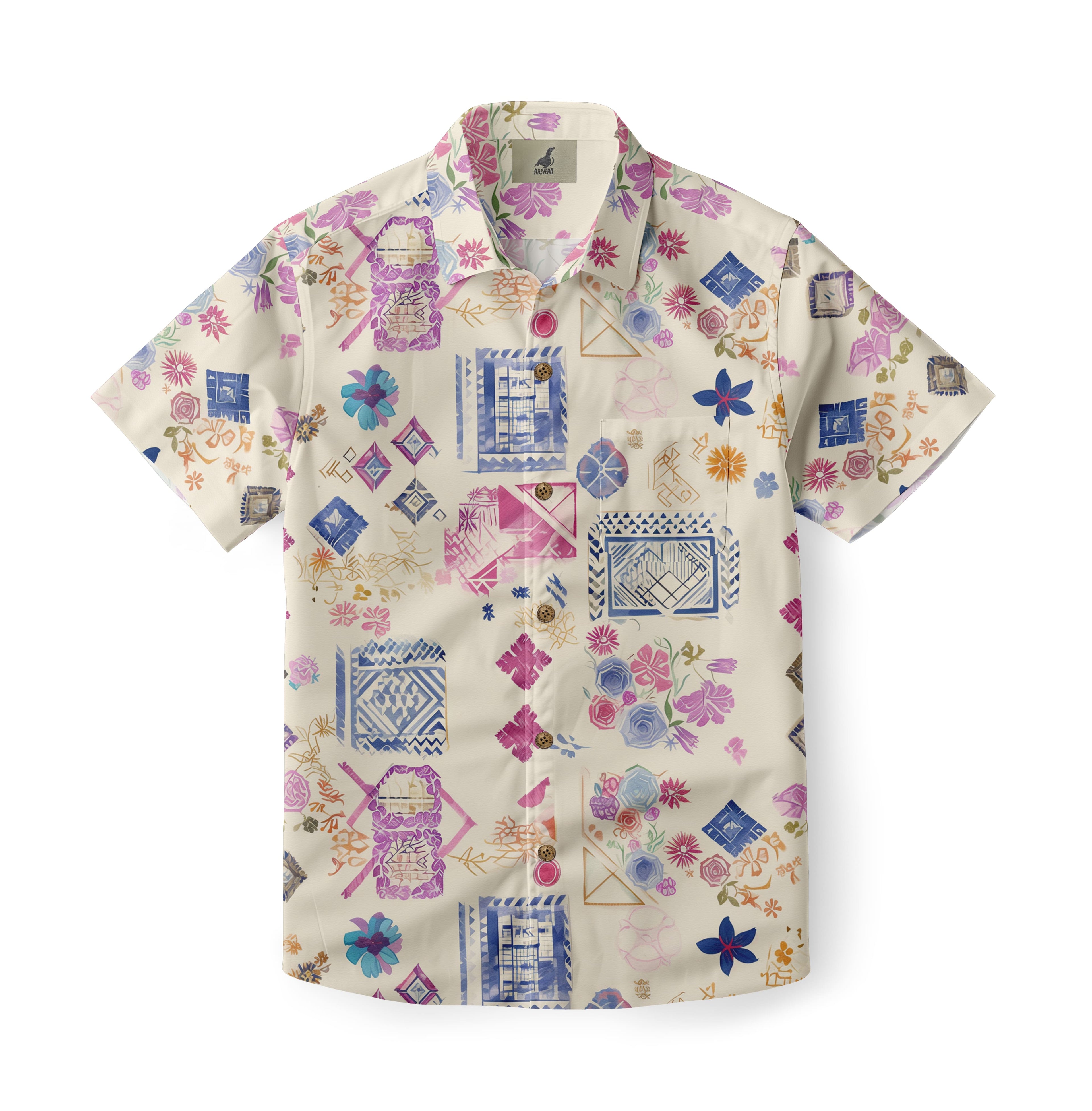Cream Abstract Geometric Floral Hawaiian Shirt