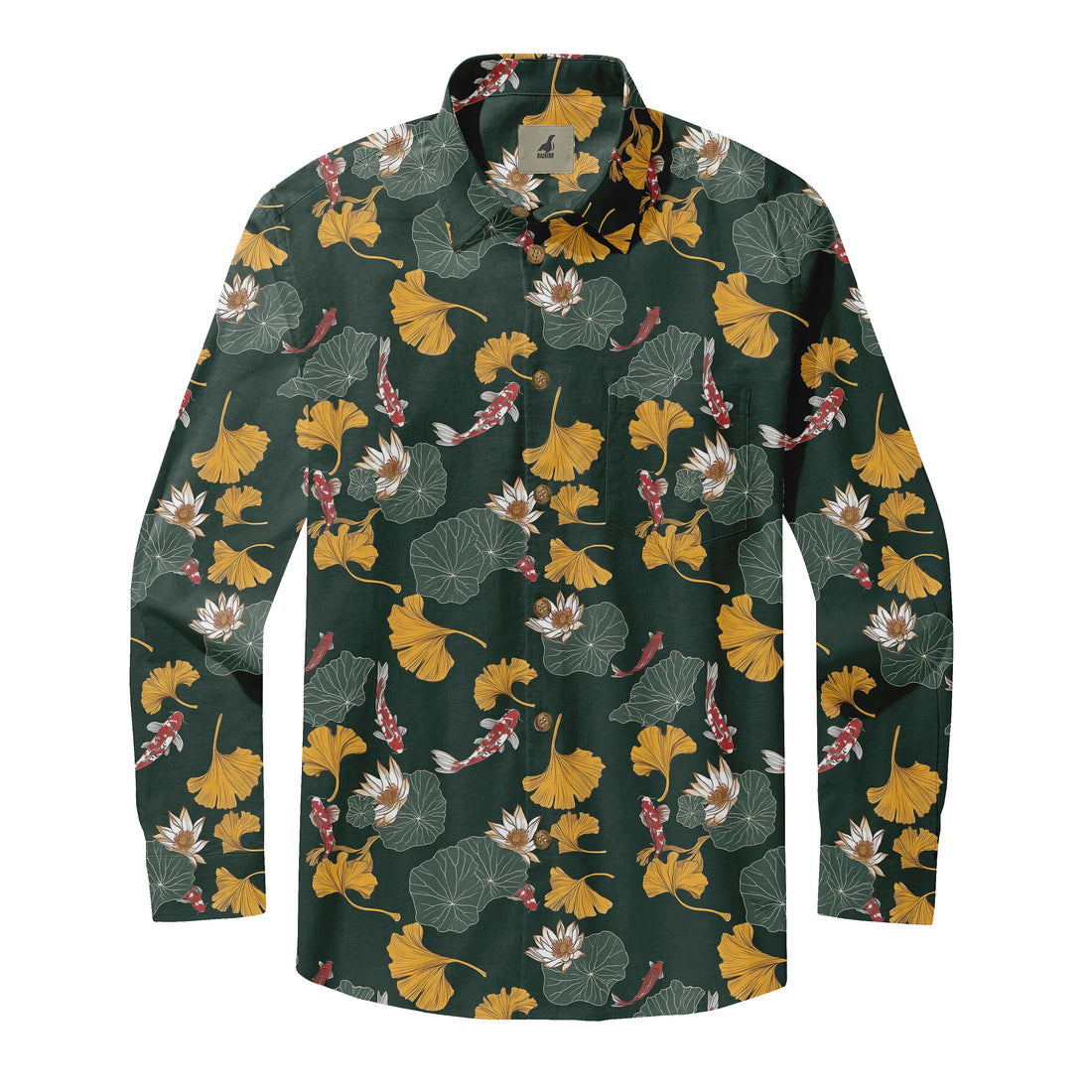 Dark Green Koi and Lotus Long Sleeve Hawaiian Shirt